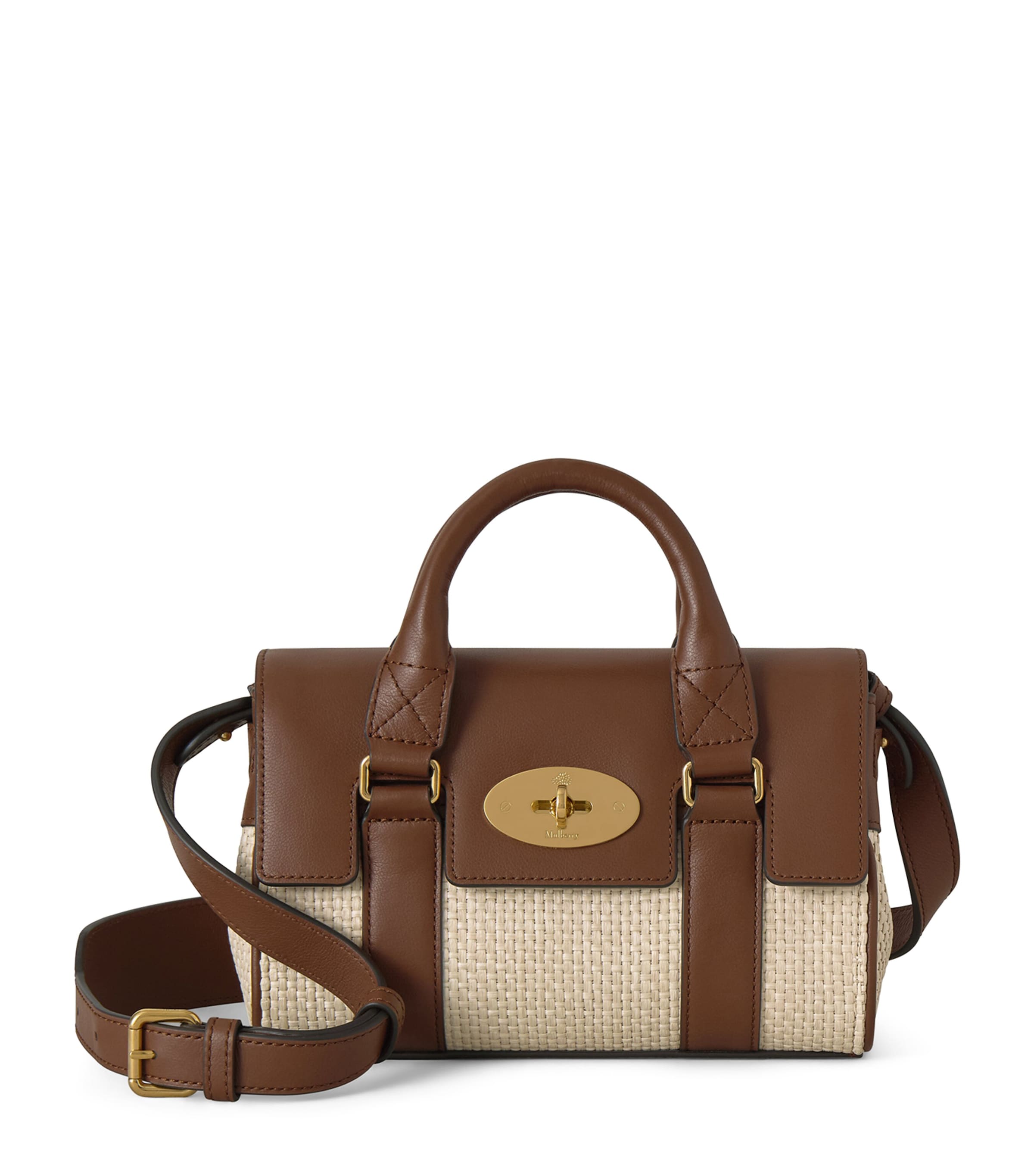 Mulberry Mini Raffia and Leather Bayswater Top-Handle Bag Ecru Bright Oak