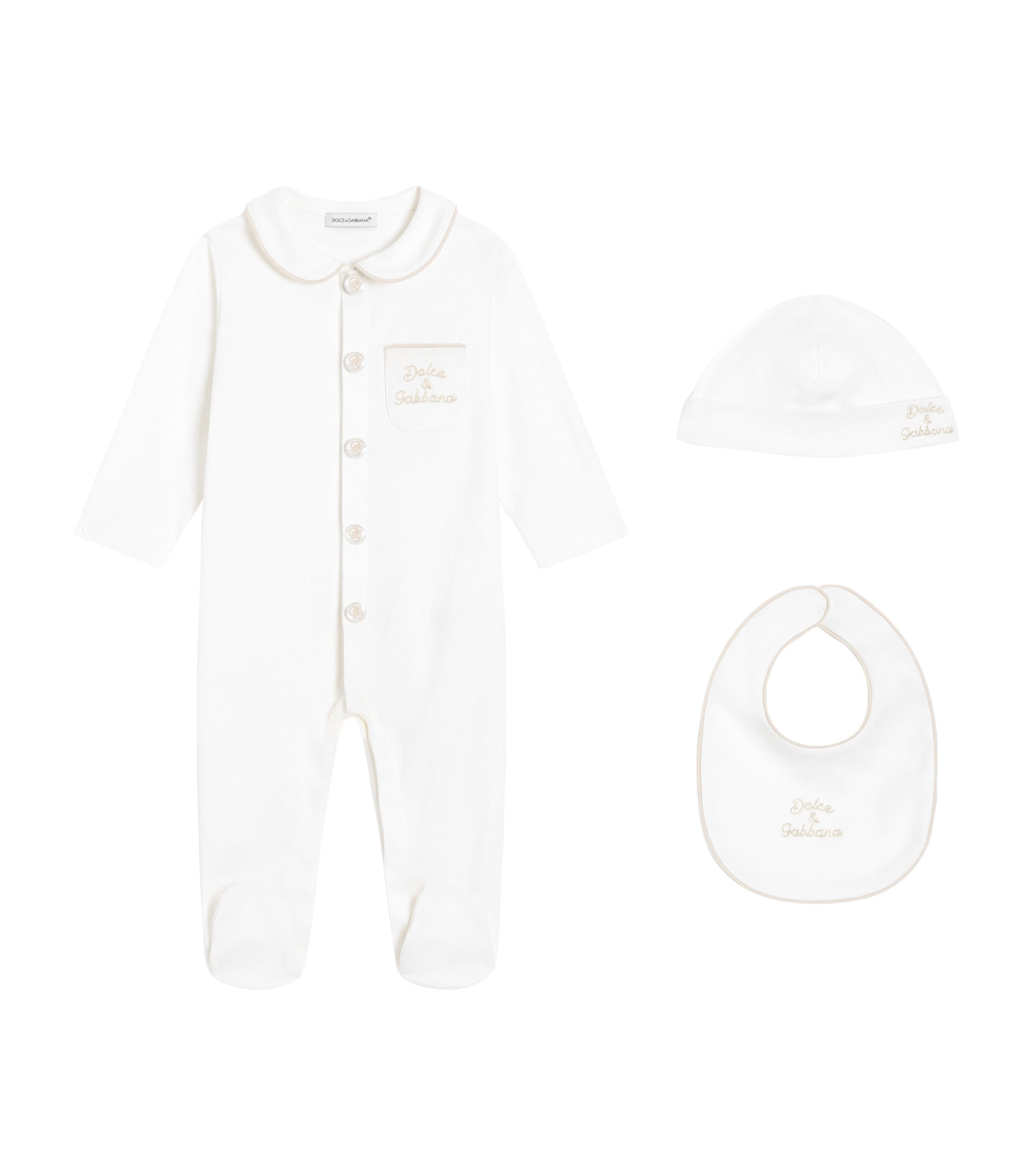 Dolce&Gabbana Kids Cotton Logo All-In-One, Bib and Hat Set (0-24 Months) White