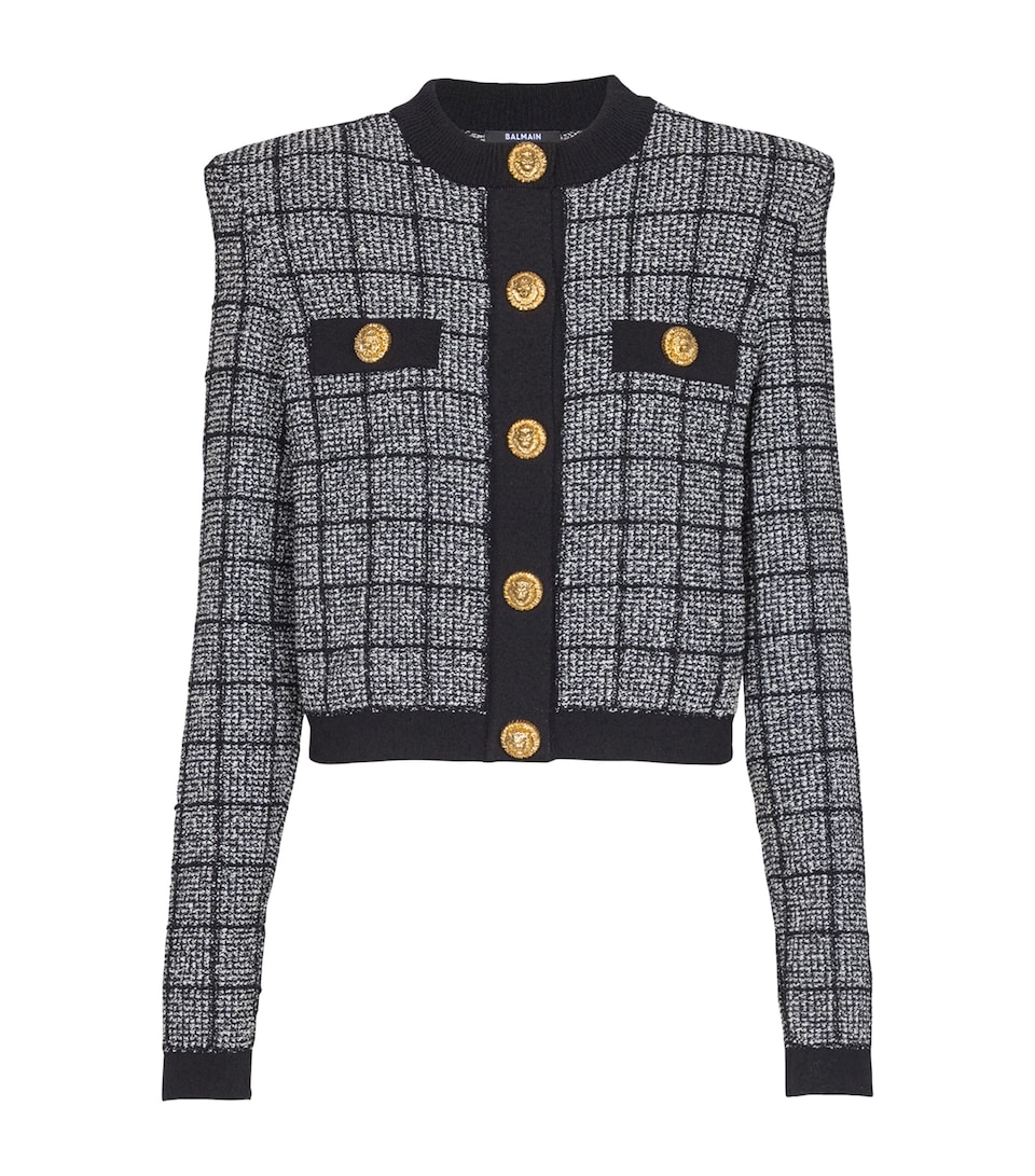 Balmain Womens Tweed Check Cardigan Eer Noir/naturel