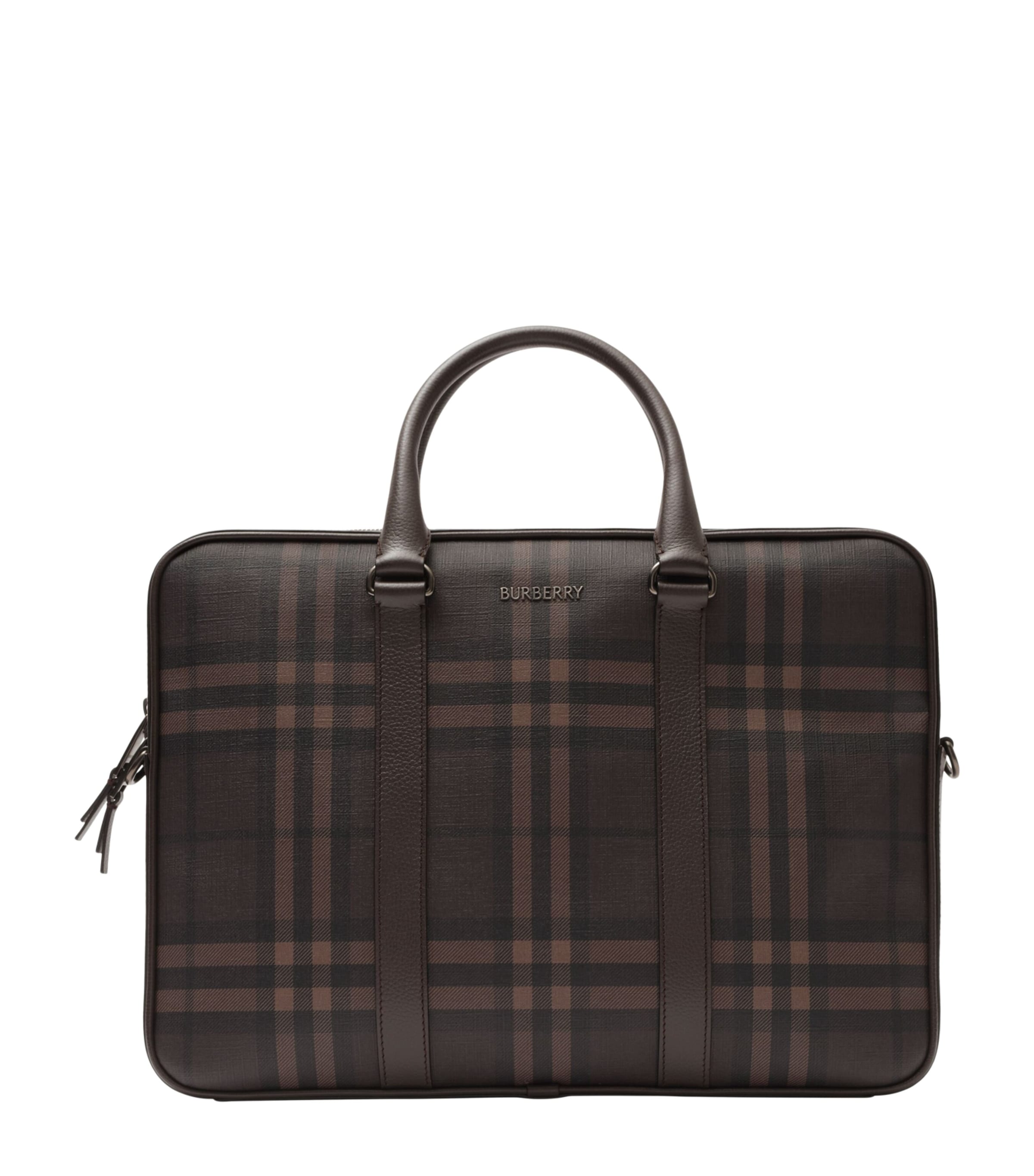 Burberry Canvas City Check Briefcase Dark Brown