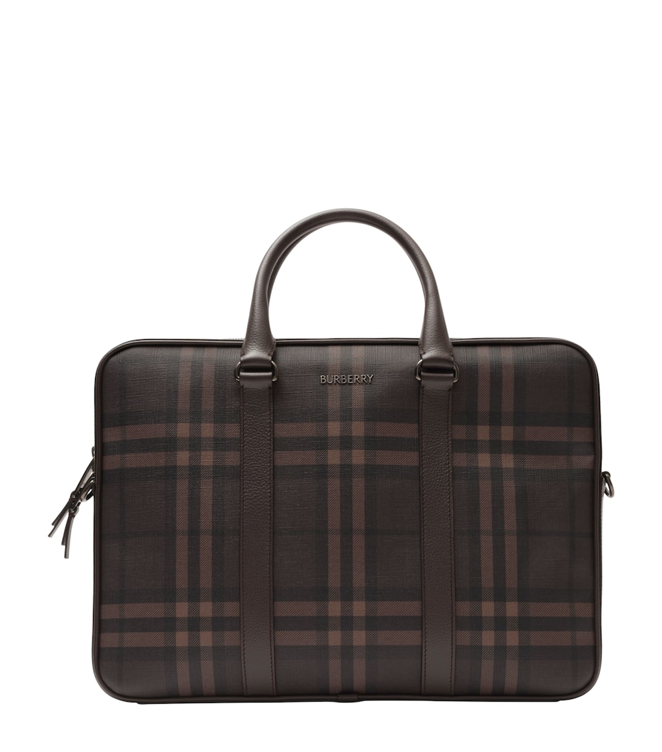 Burberry Canvas City Check Briefcase Dark Brown