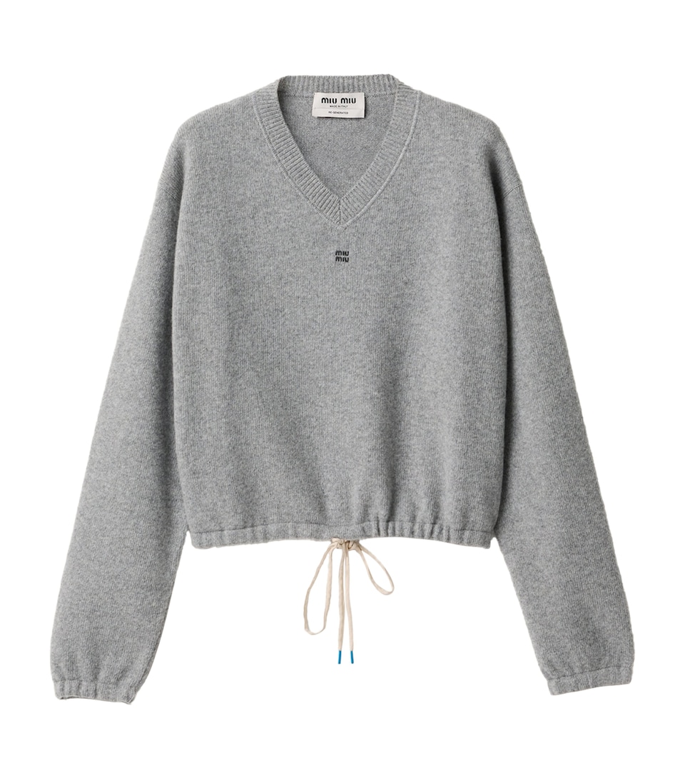 Miu Miu Womens Wool-Cashmere Cropped V-Neck Sweater Grey