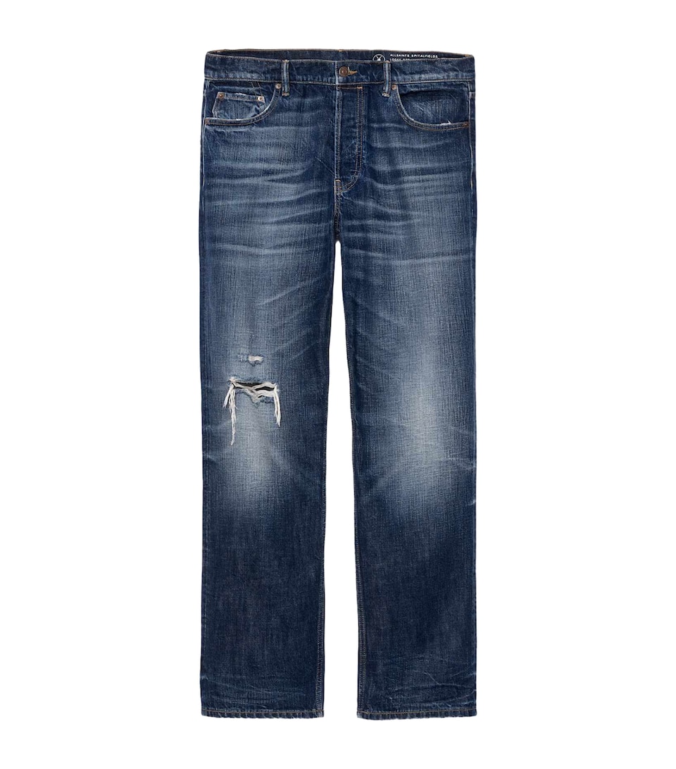 AllSaints Mens Loose Straight Jeans Destroy Mid Indigo