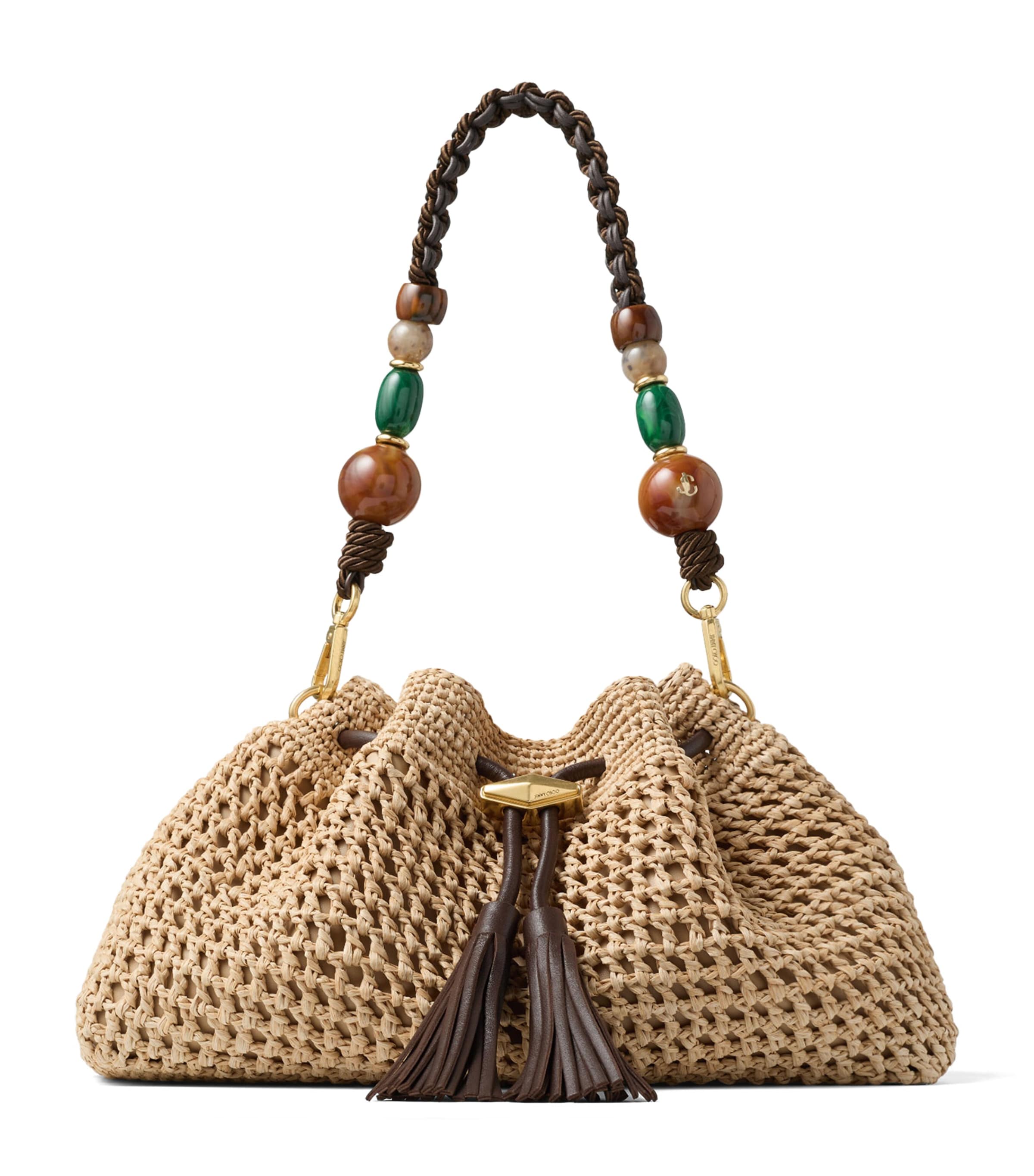 Jimmy Choo Medium Raffia Crochet Cinch Bucket Bag Natural/chocolate/go