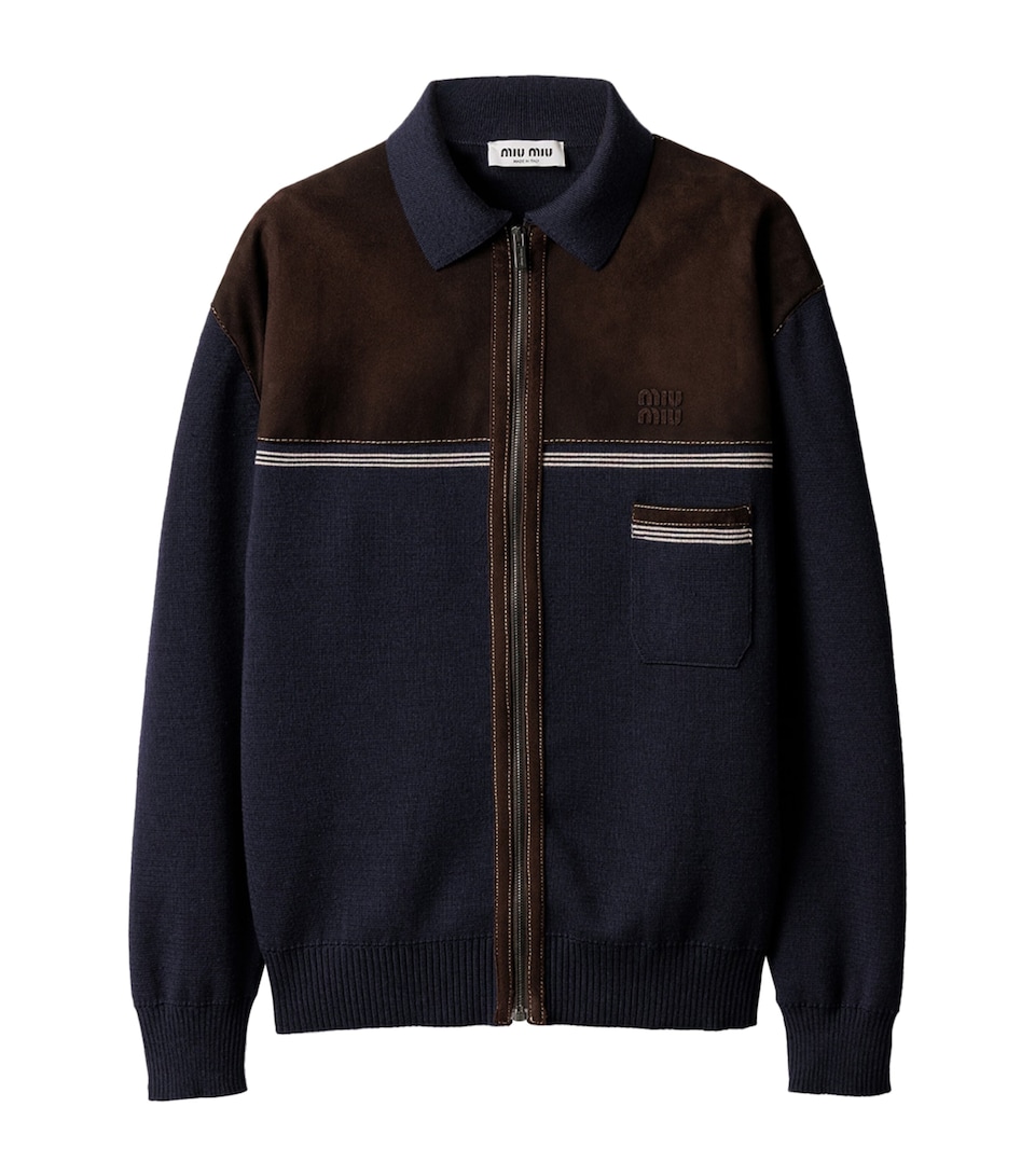 Wool Suede-Trim Cardigan