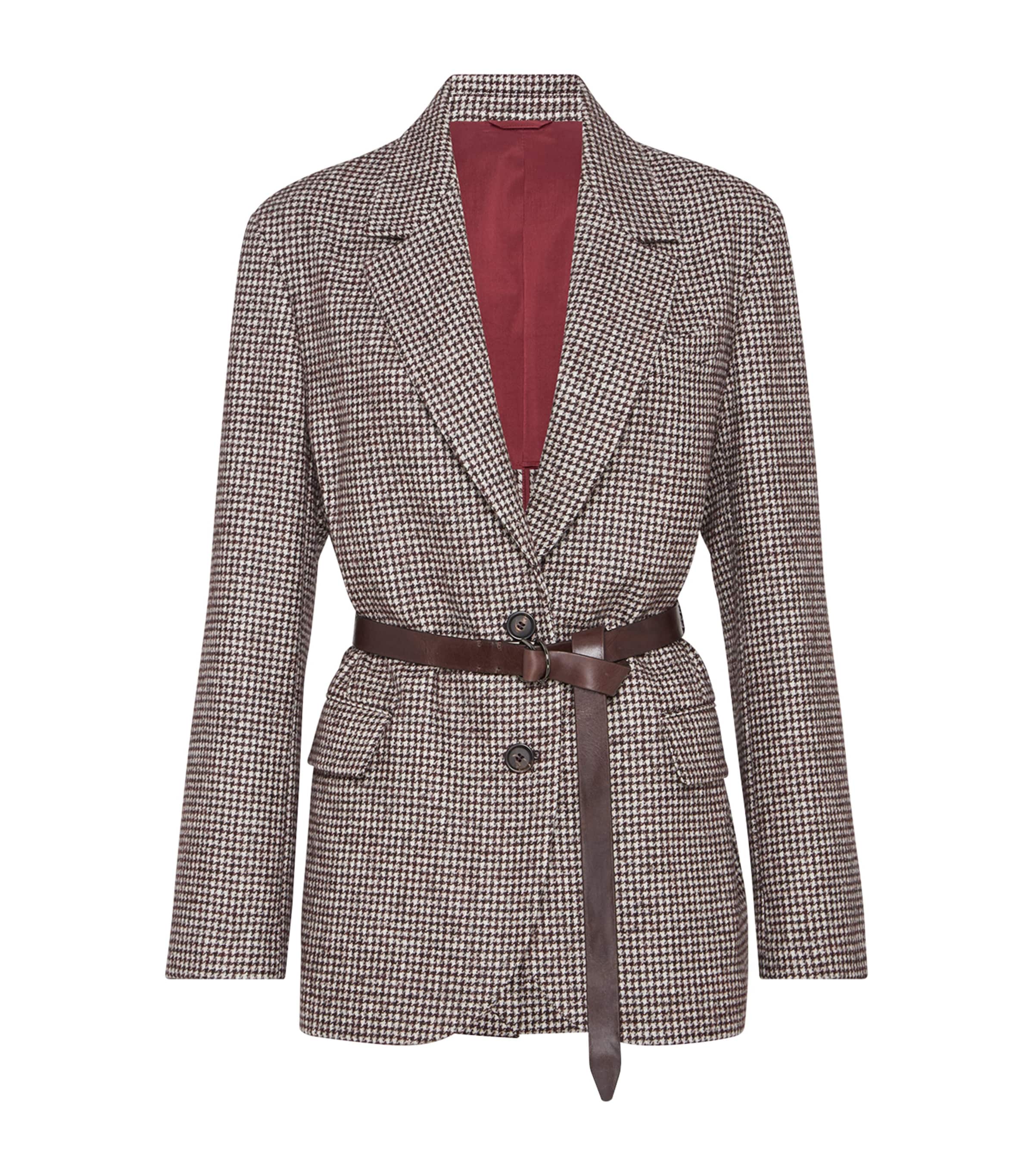 Wool-Alpaca Houndstooth Belted Blazer