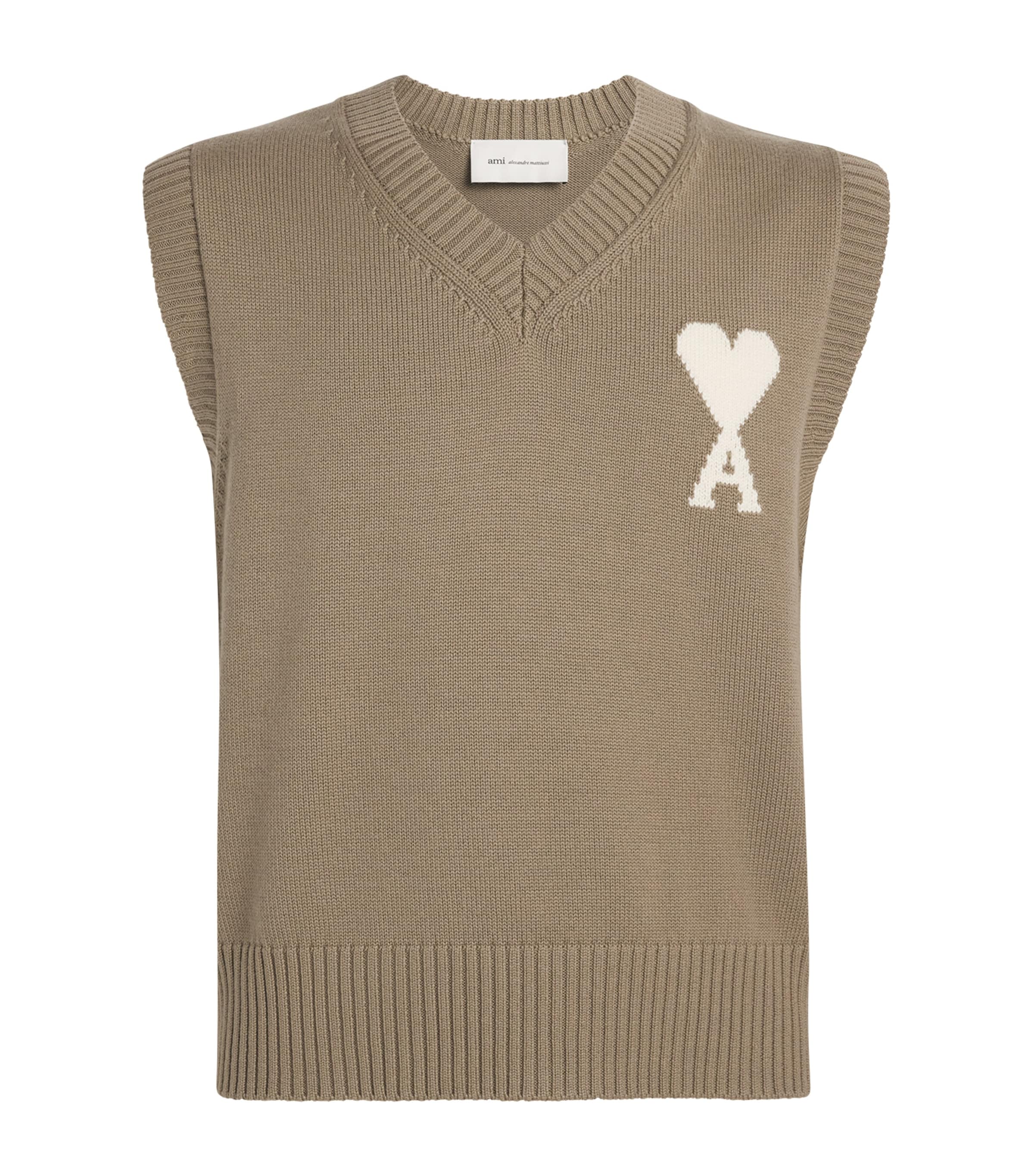 AMI Paris Mens Wool-Cotton Ami de Coeur Sweater Vest Bge Taupe/ecru