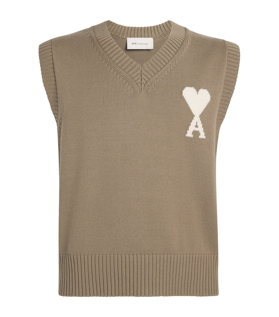 AMI Paris Mens Wool-Cotton Ami de Coeur Sweater Vest Bge Taupe/ecru