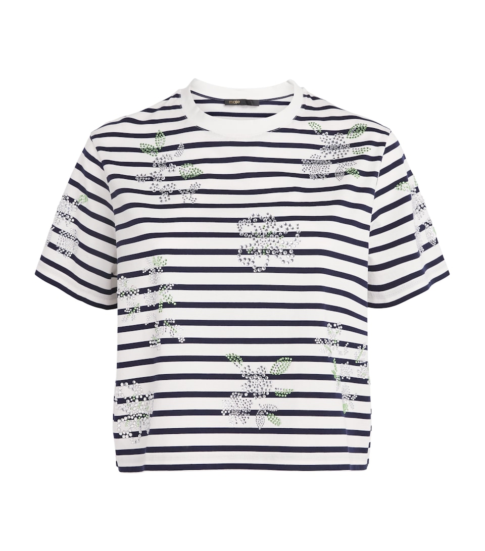 Maje Womens Cotton Rhinestone Stripe T-Shirt White