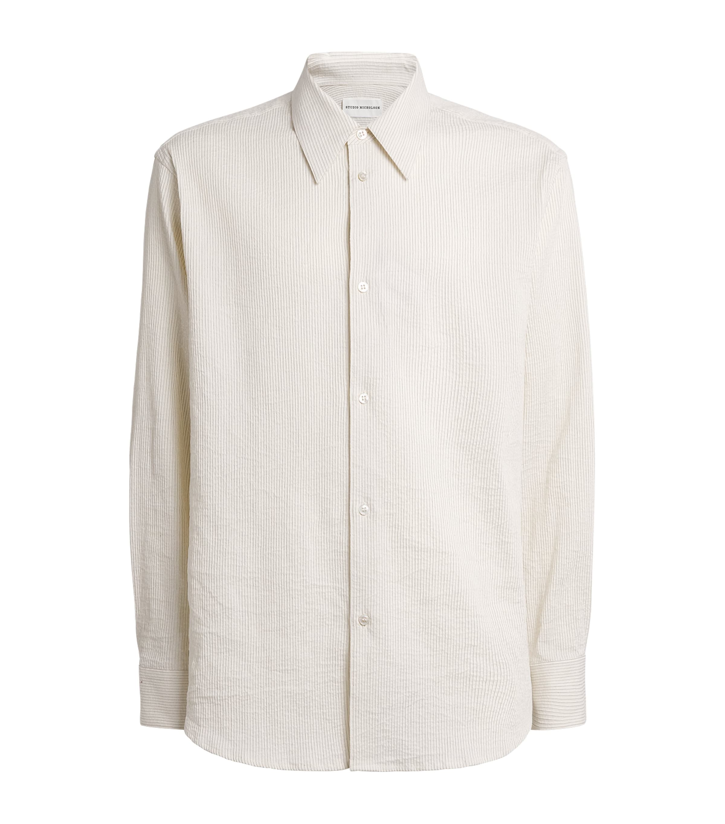 Studio Nicholson Mens Cotton-Linen Seersucker Stripe Shirt Parchment / Blk Strp