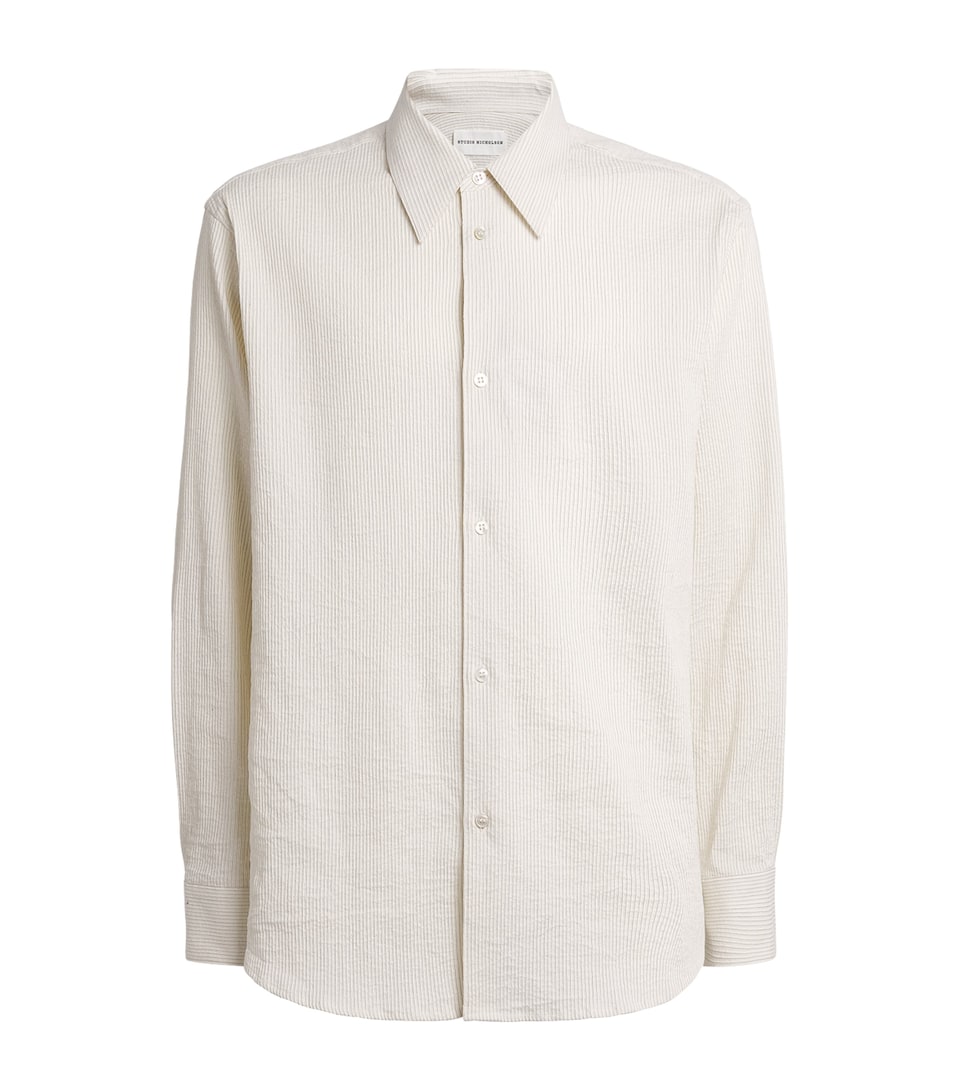 Studio Nicholson Mens Cotton-Linen Seersucker Stripe Shirt Parchment / Blk Strp
