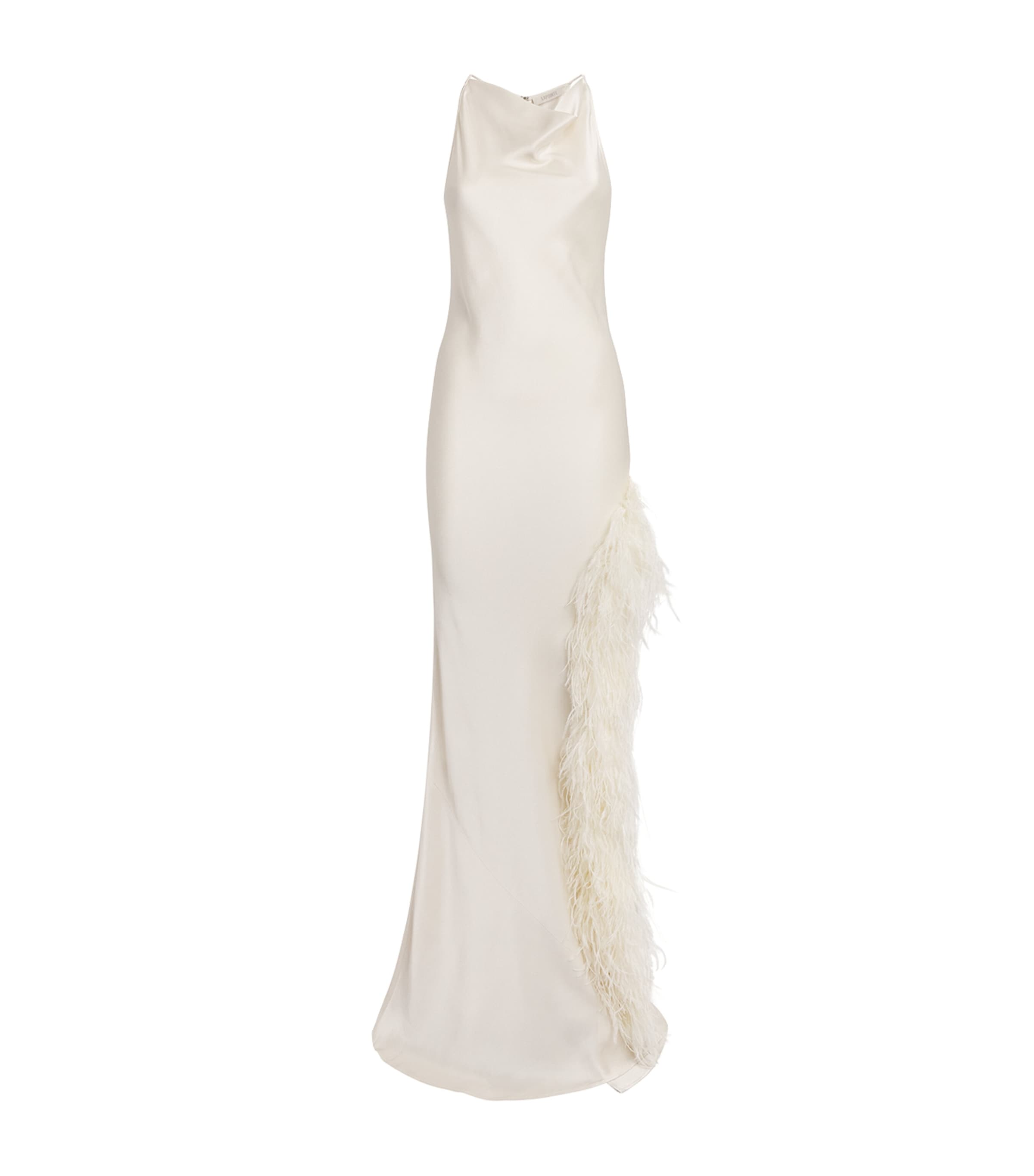 Satin Feather-Trim Halterneck Gown