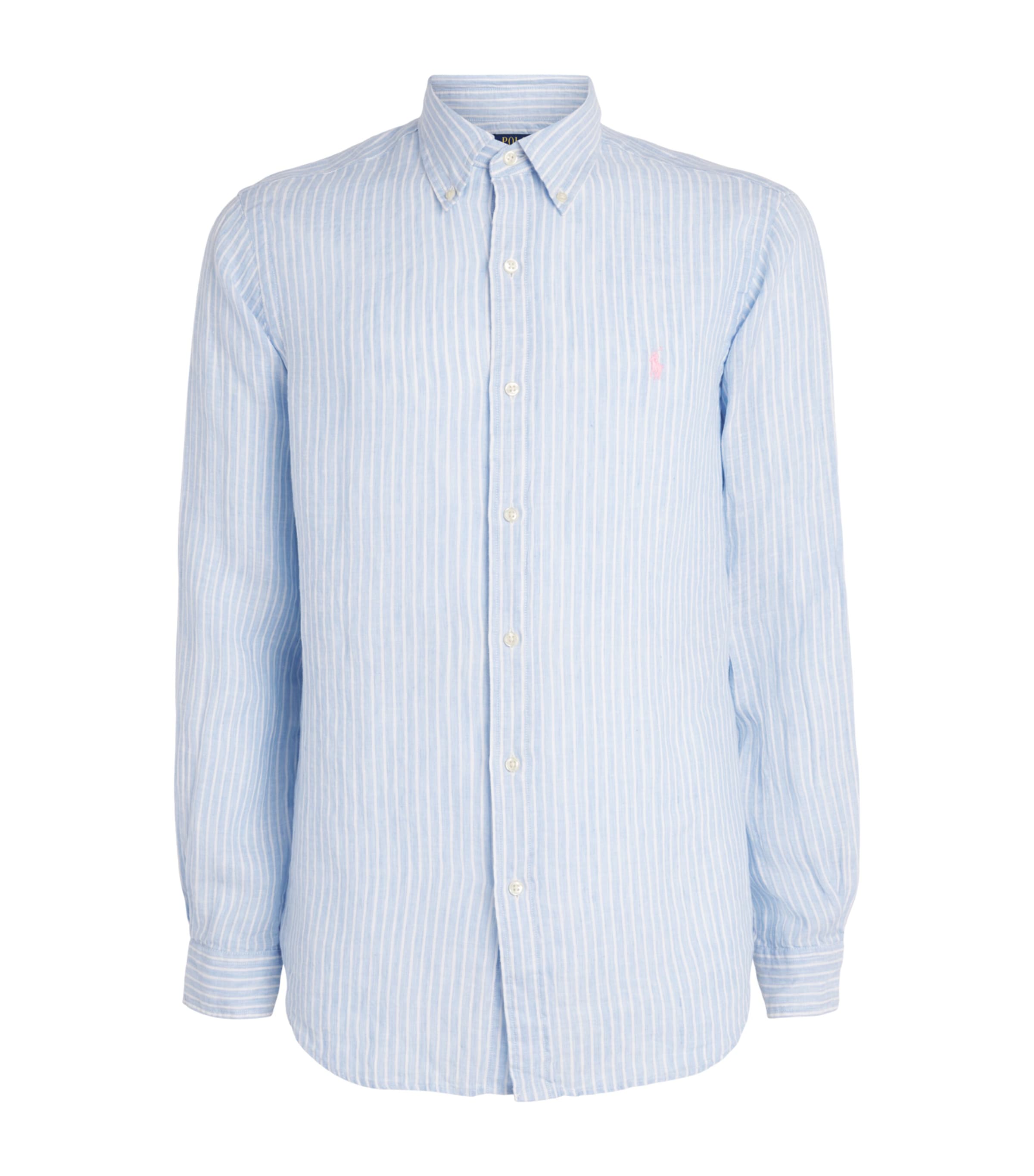 Polo Ralph Lauren Mens Linen Custom-Fit Stripe Shirt Blue White