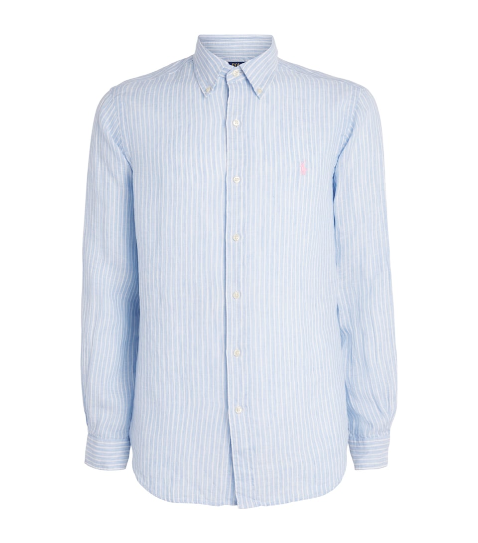Polo Ralph Lauren Mens Linen Custom-Fit Stripe Shirt Blue White