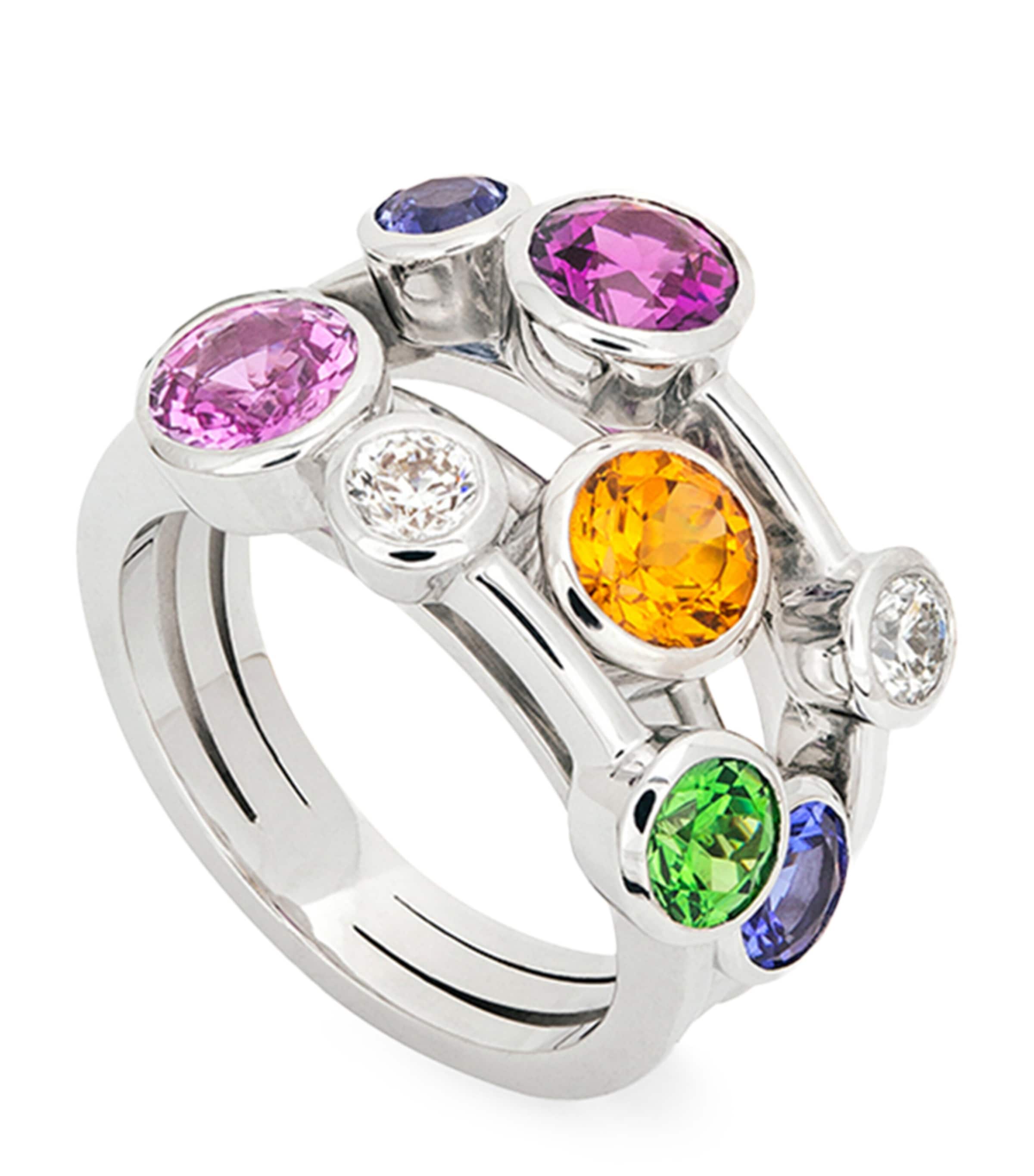 Boodles White Gold, Diamond, Sapphire and Gemstone Raindance Rainbow Ring Silver