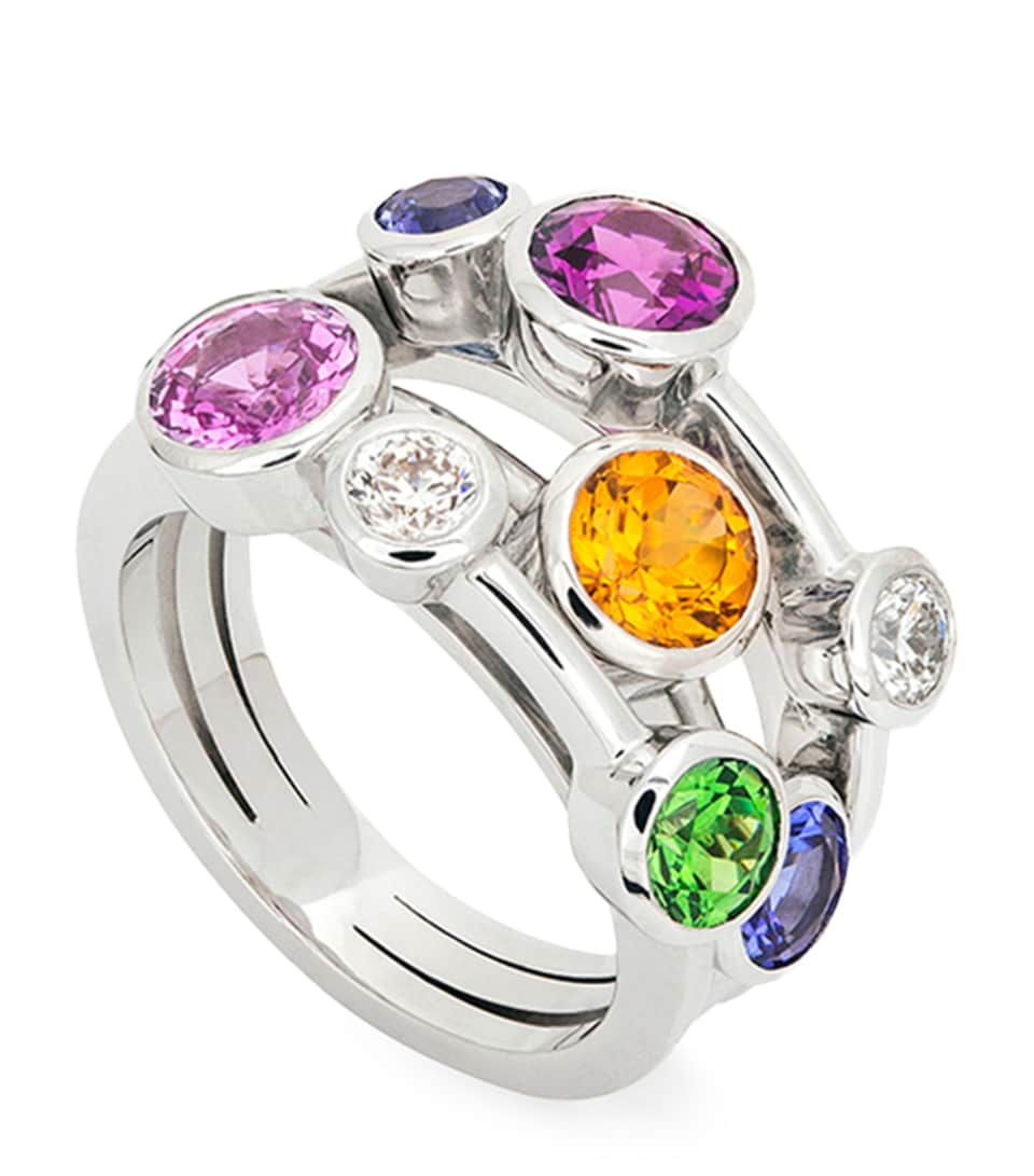 Boodles White Gold, Diamond, Sapphire and Gemstone Raindance Rainbow Ring Silver