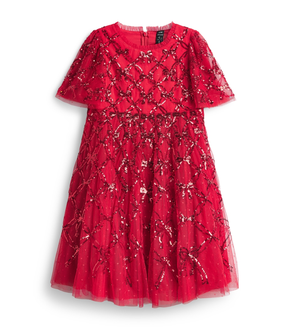 Needle & Thread Sequin-Embellished Bow Lattice Dress (3-7 Years) Rbr Ribbon Red