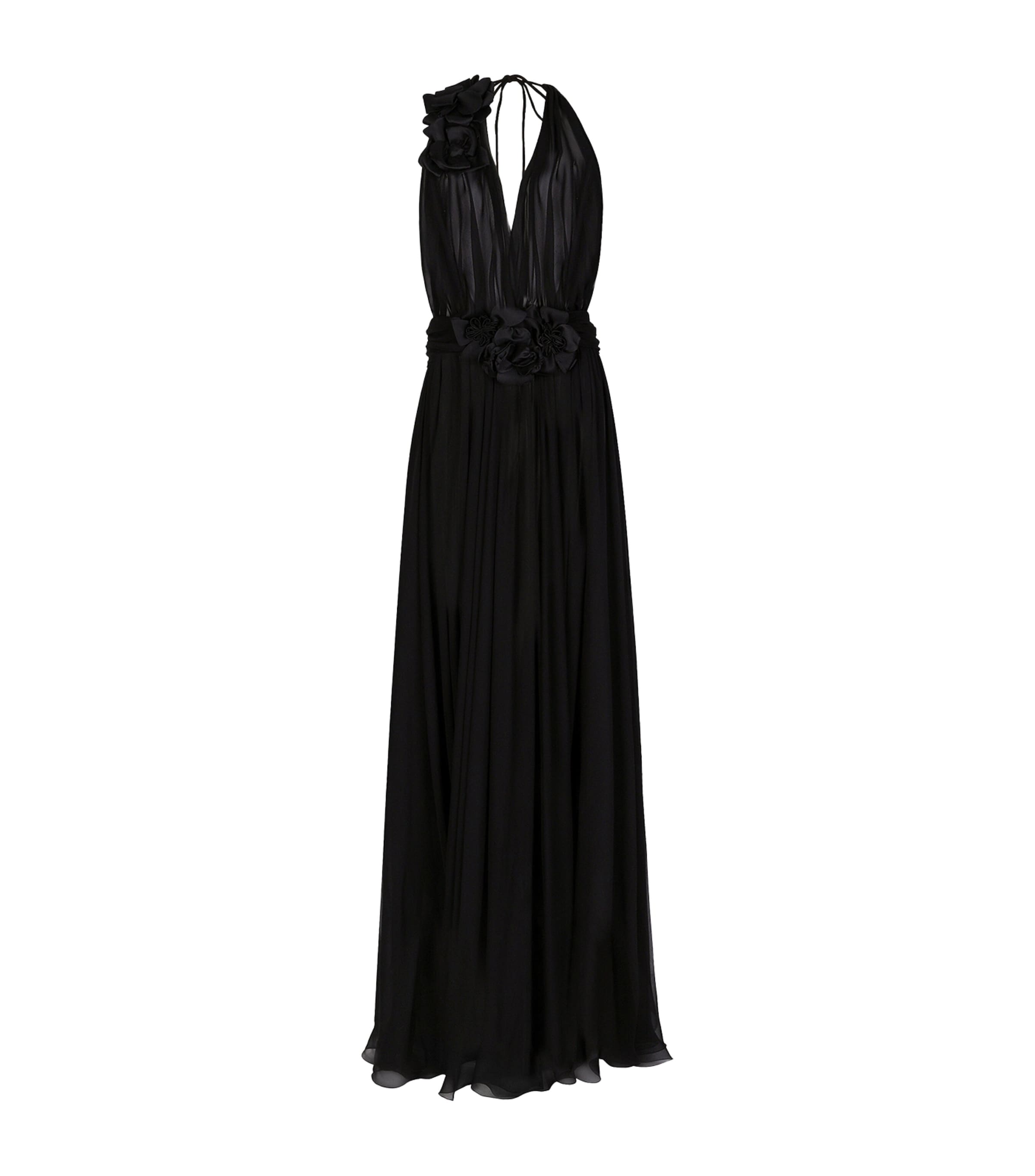 Dolce&Gabbana Womens Silk Rose Halterneck Gown Black