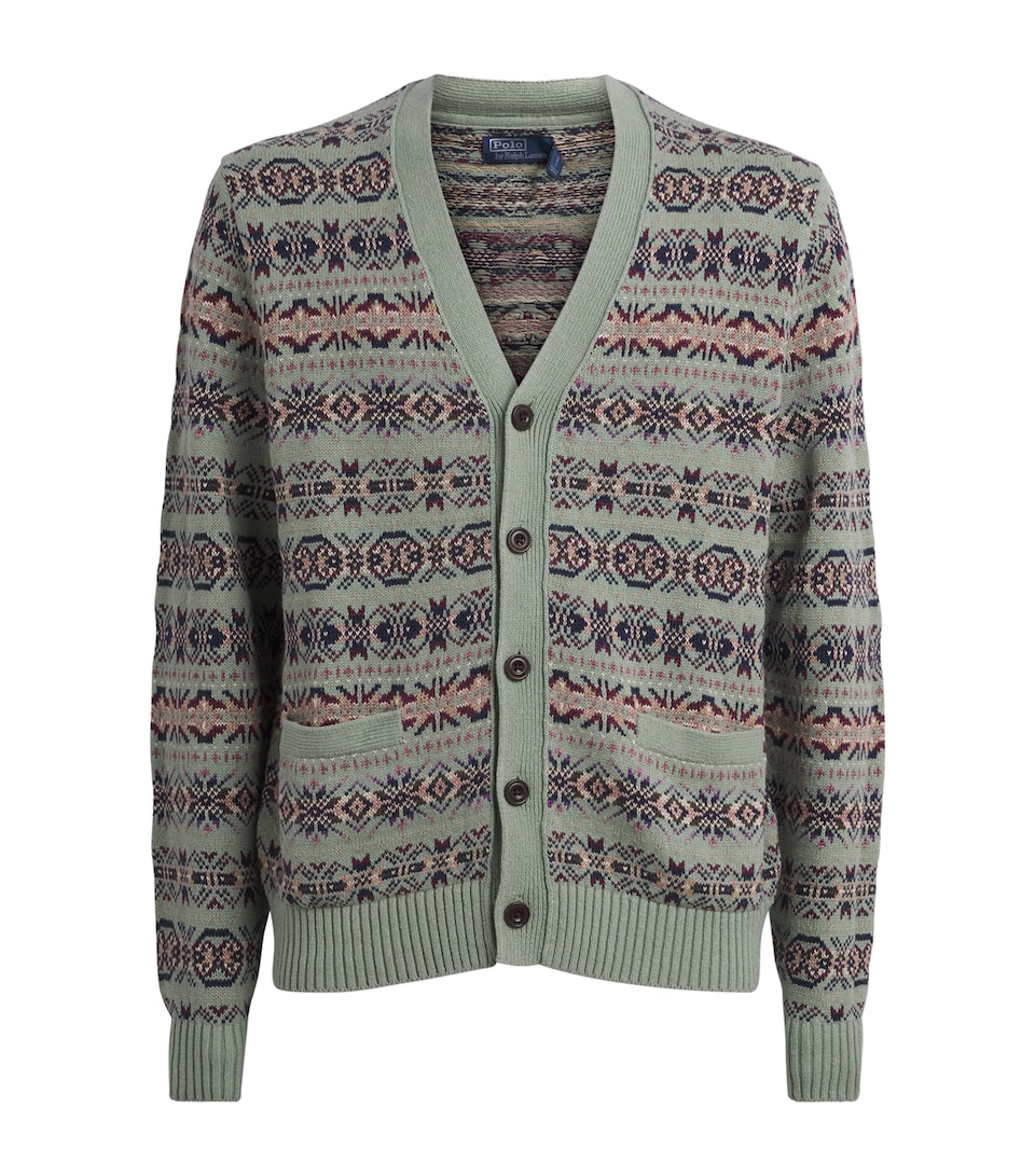 Polo Ralph Lauren Mens Linen-Cotton Fair Isle Cardigan Green Combo