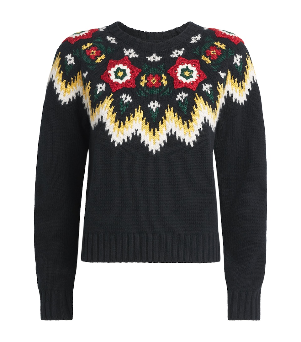 Polo Ralph Lauren Womens Wool-Cotton Floral Crochet Sweater Black Multi