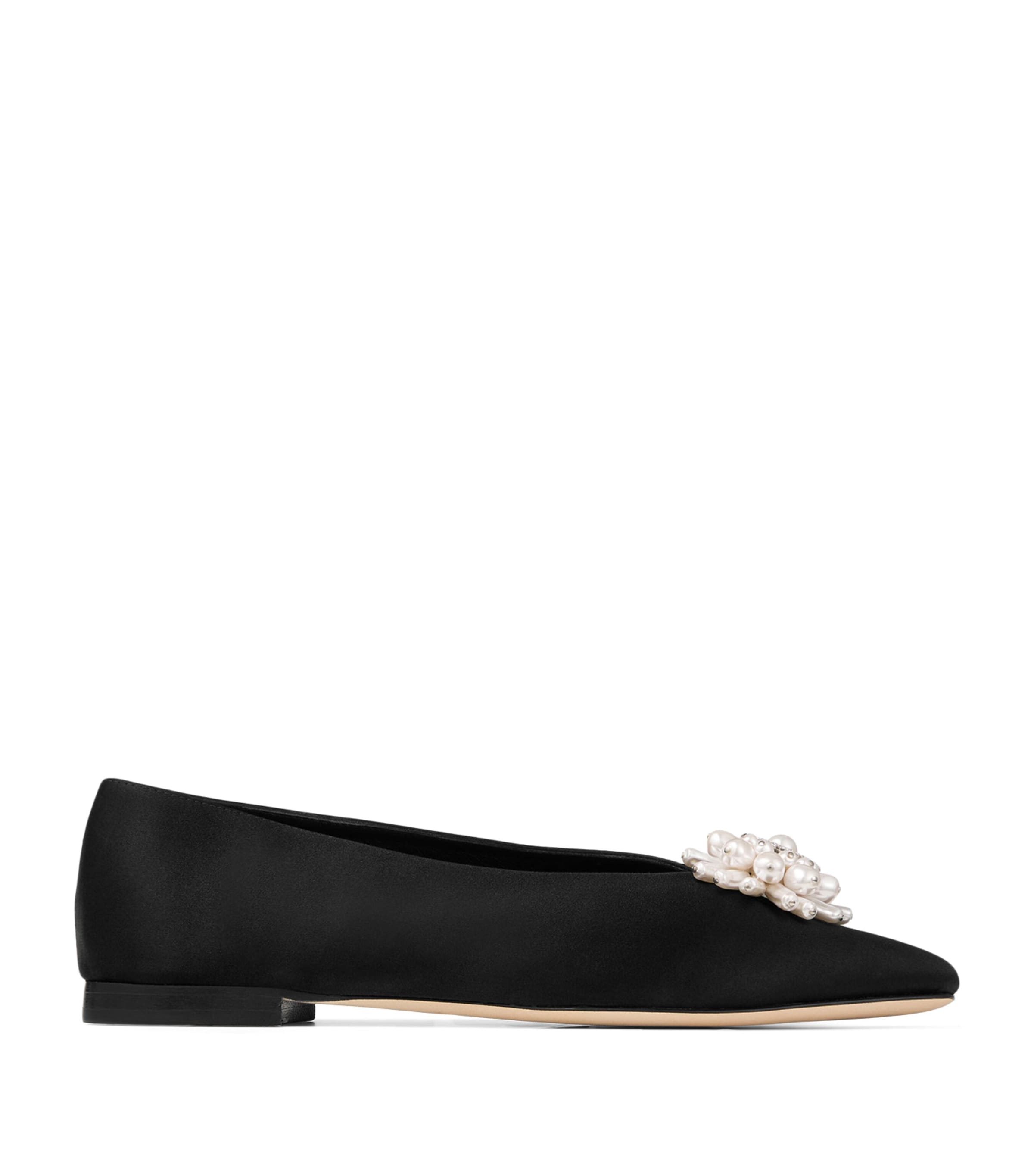 Jimmy Choo Ines Satin Pearl-Embellished Flats Black/pearl/crystal