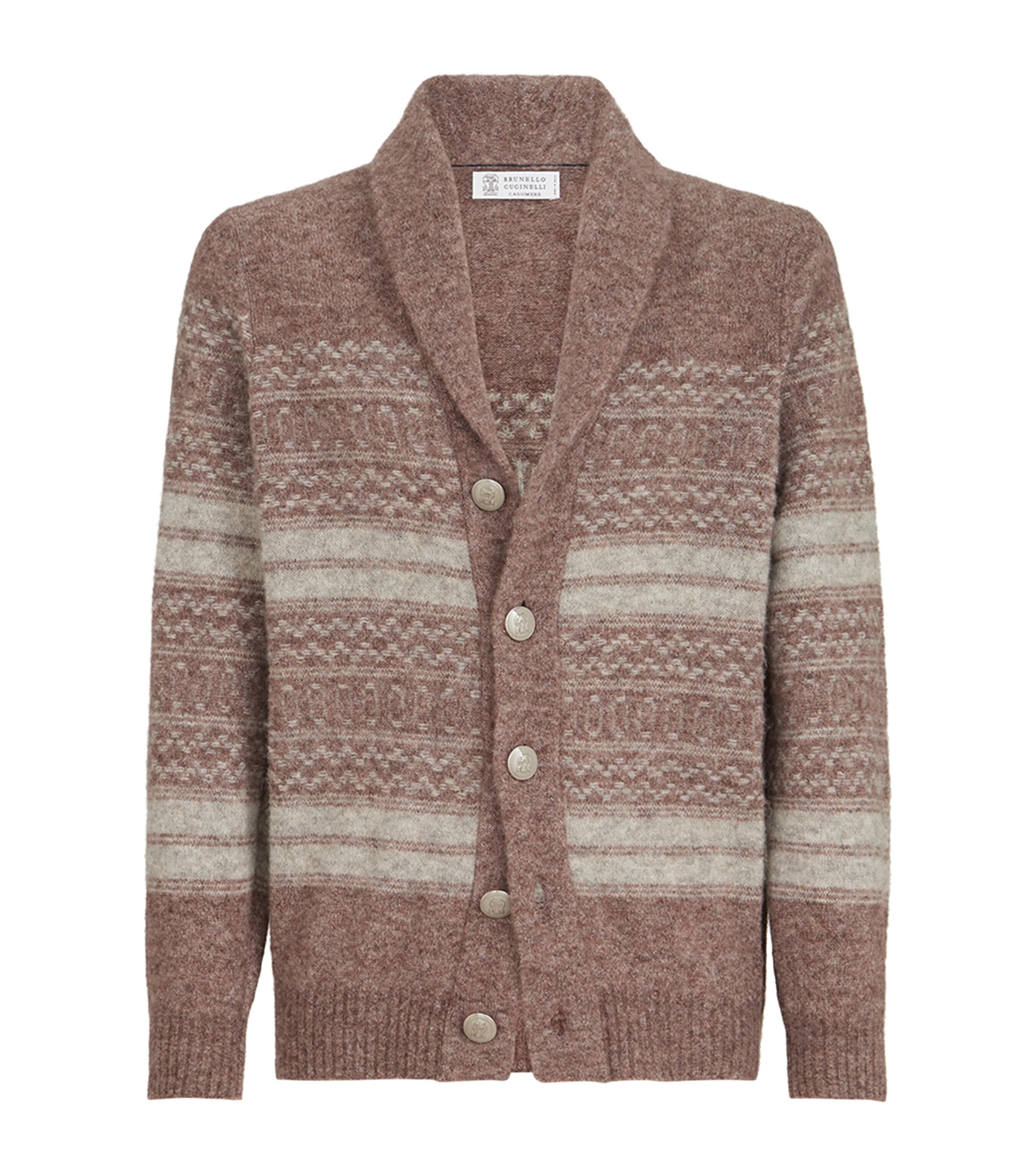 Brunello Cucinelli Mens Jacquard Shawl-Collar Cardigan Black+grey