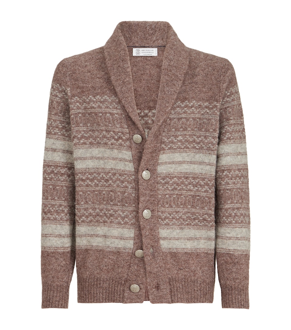 Brunello Cucinelli Mens Jacquard Shawl-Collar Cardigan Black+grey