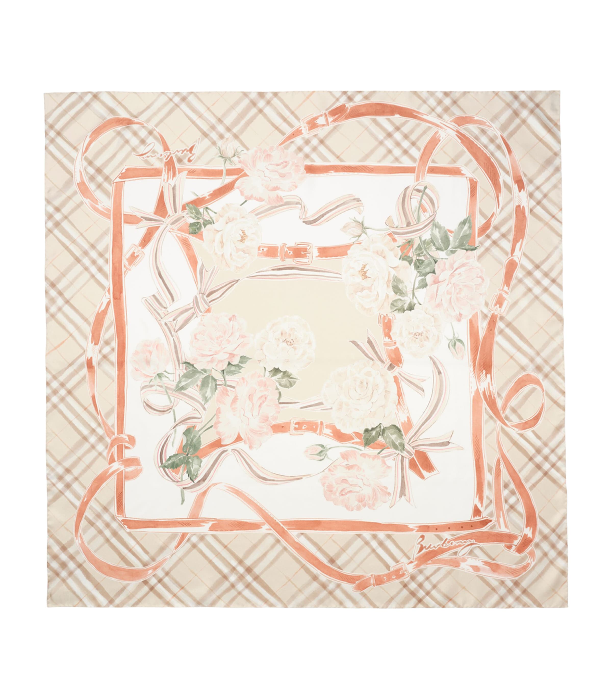 Burberry Silk Rose Check Scarf Honey Beige