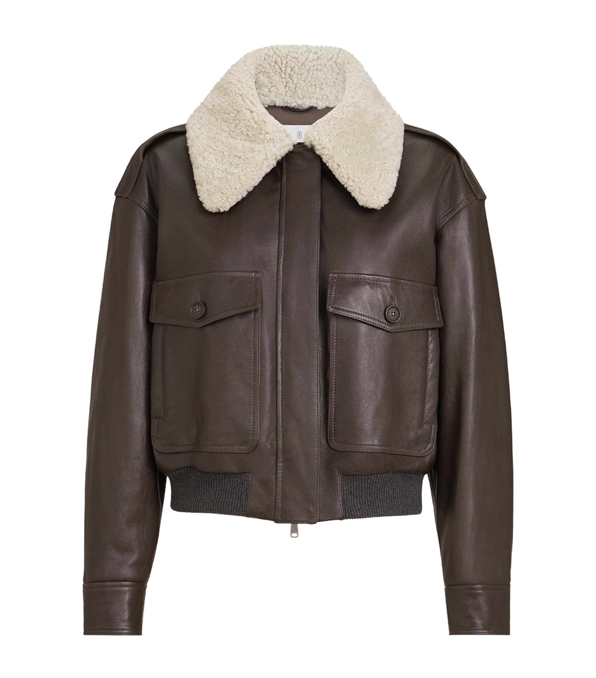 Brunello Cucinelli Womens Nappa Leather Shearling-Trim Aviator Jacket Coffee