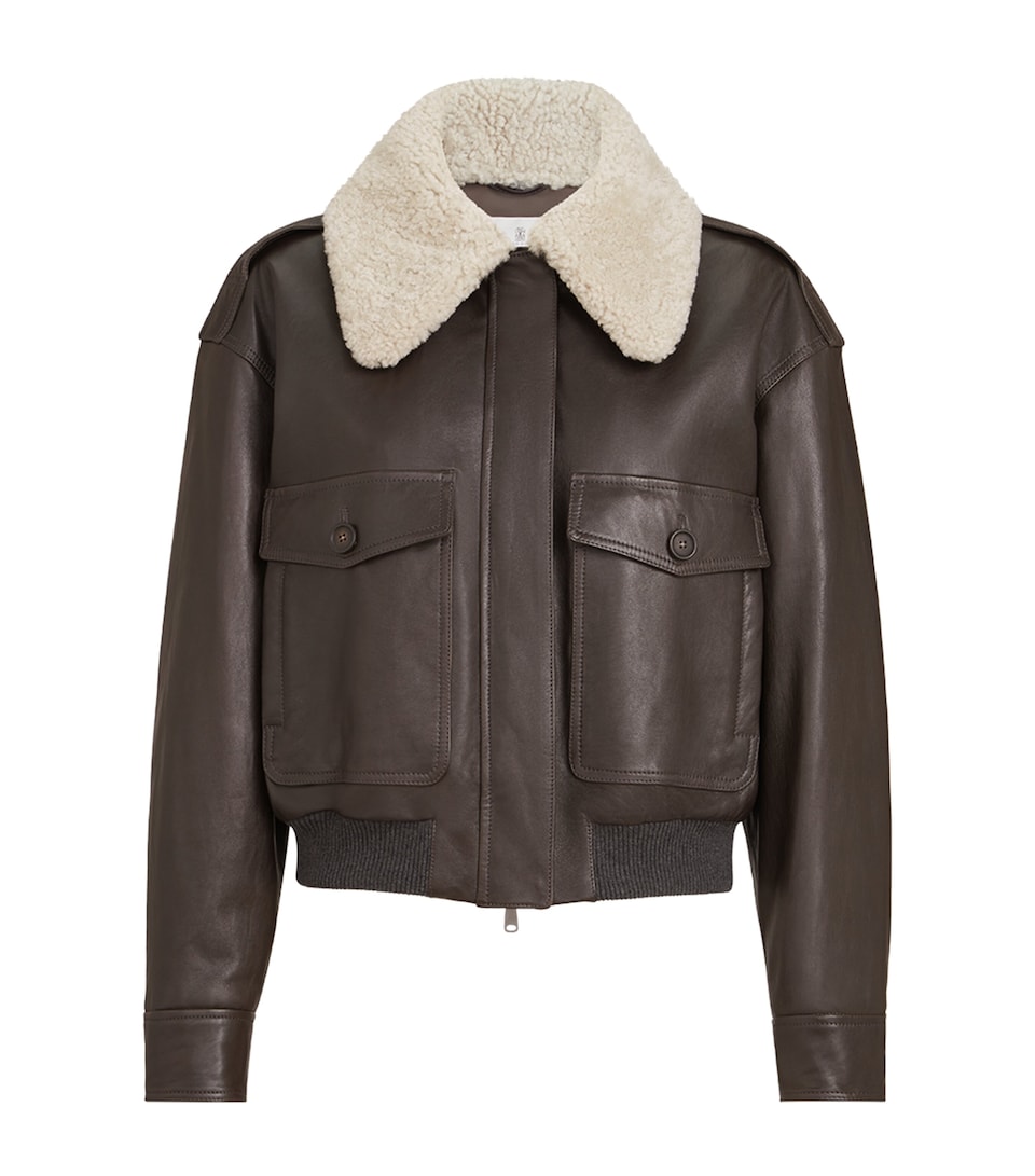 Brunello Cucinelli Womens Nappa Leather Shearling-Trim Aviator Jacket Coffee