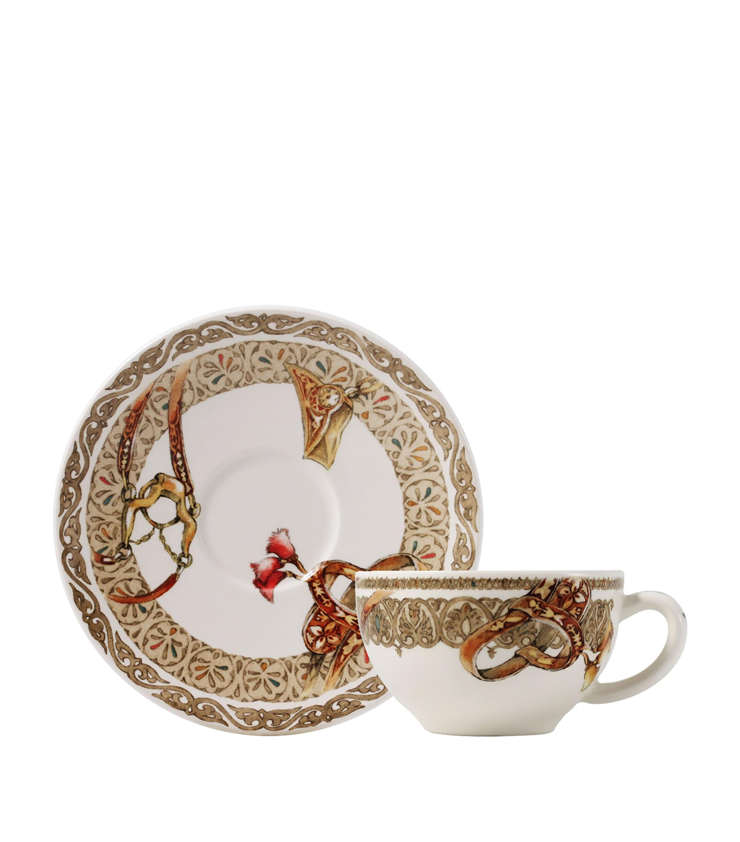 Gien Set of 2 Chevaux Du Vent Tea Cups and Saucers (15cm) White, Brown
