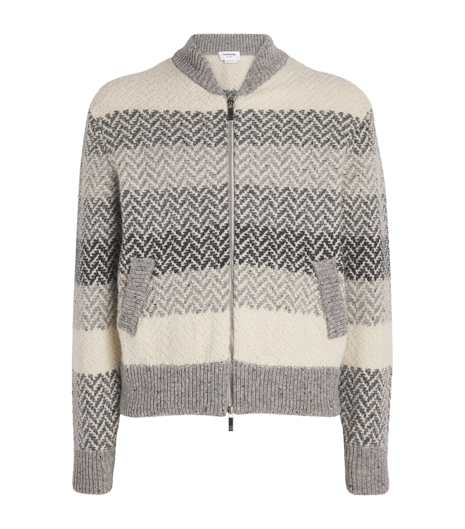 Wool-Mohair Herringbone Cardigan Bomber Jacket