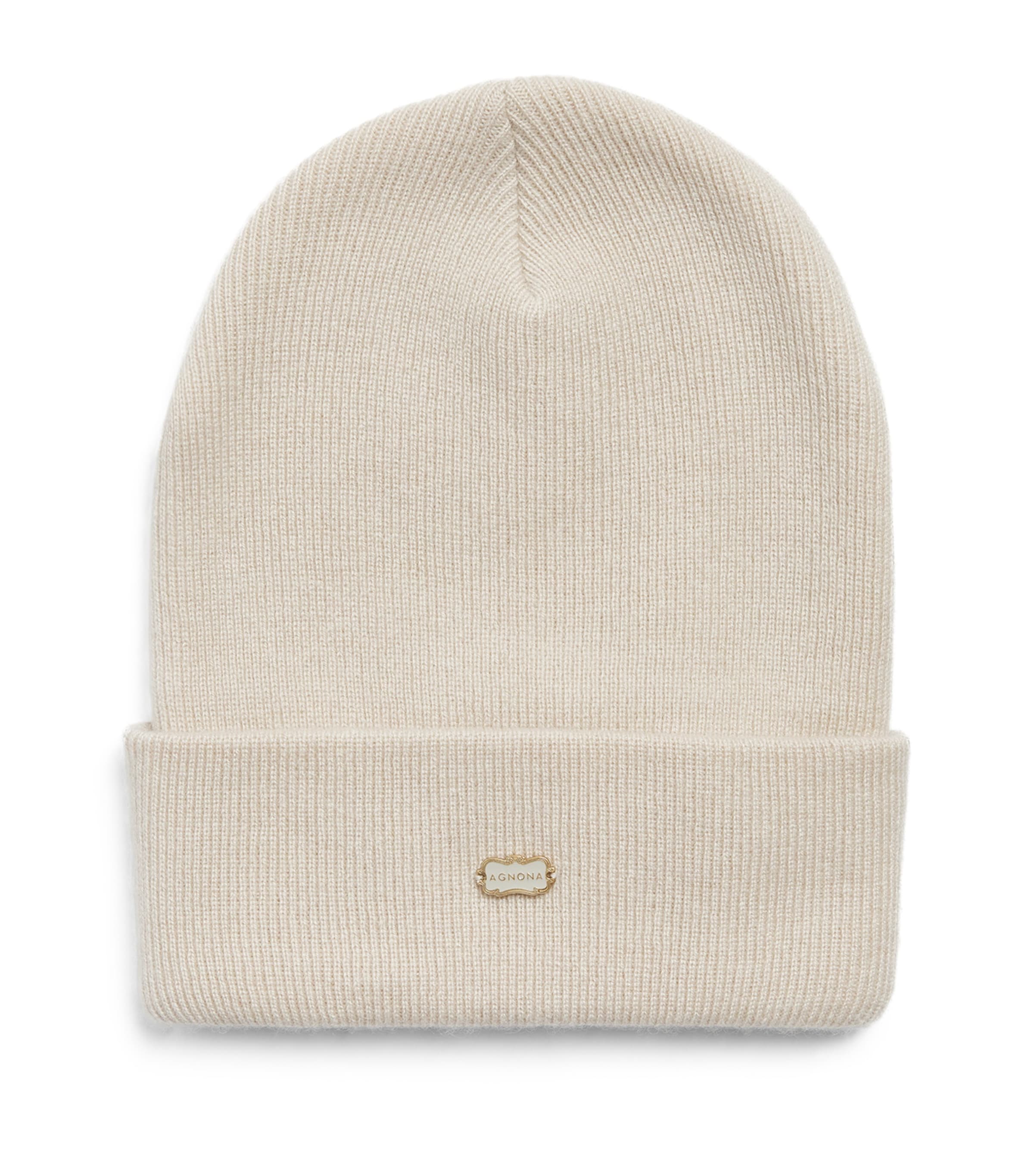 Agnona Cashmere Ribbed Beanie Beige Greige