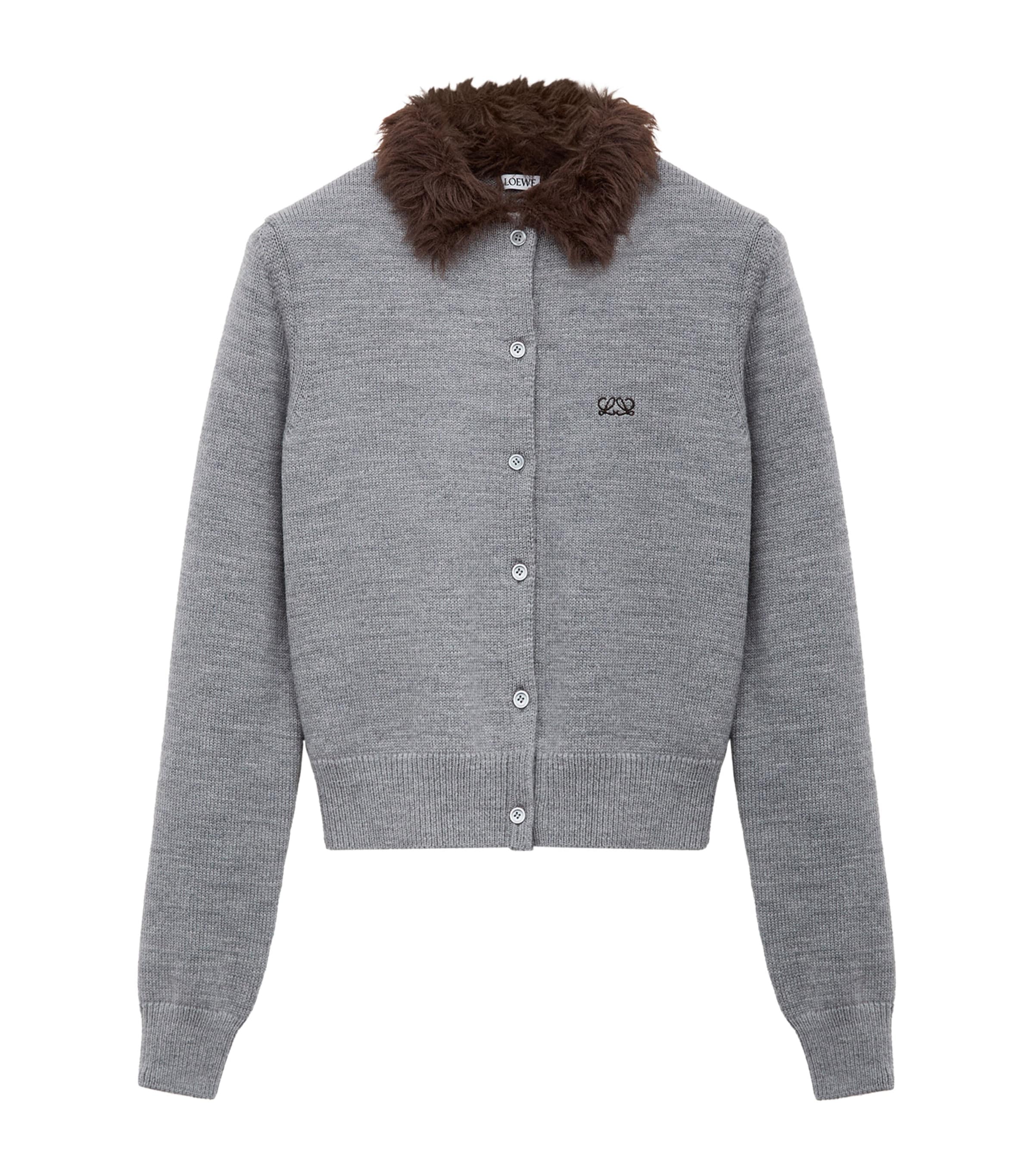 LOEWE Womens Wool Brushed-Collar Cardigan Grey