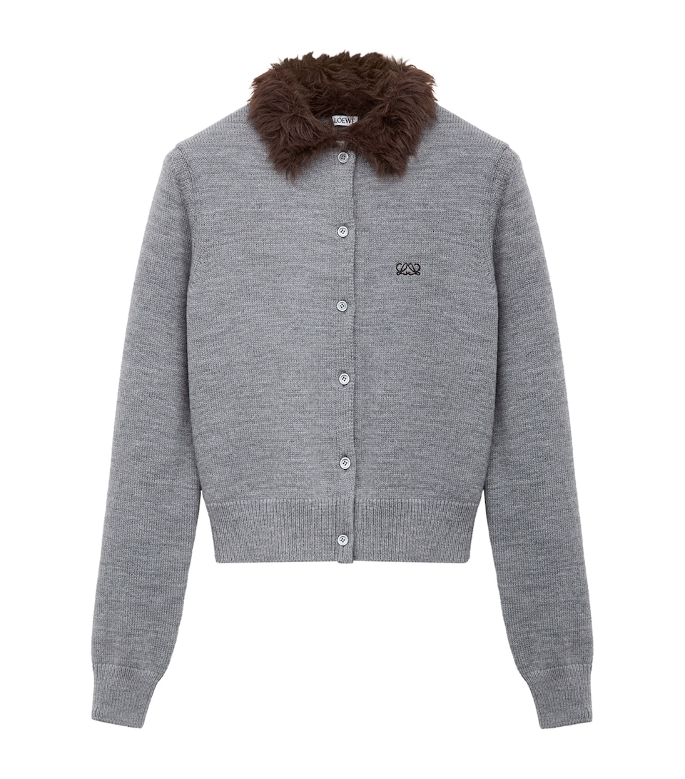 LOEWE Womens Wool Brushed-Collar Cardigan Grey