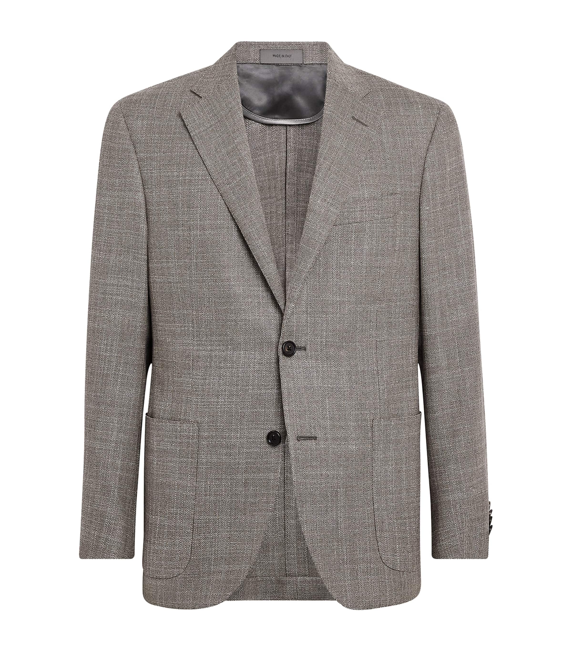 Corneliani Mens Virgin Wool-Silk Herringbone Blazer Gry Ml Drk Blkbd