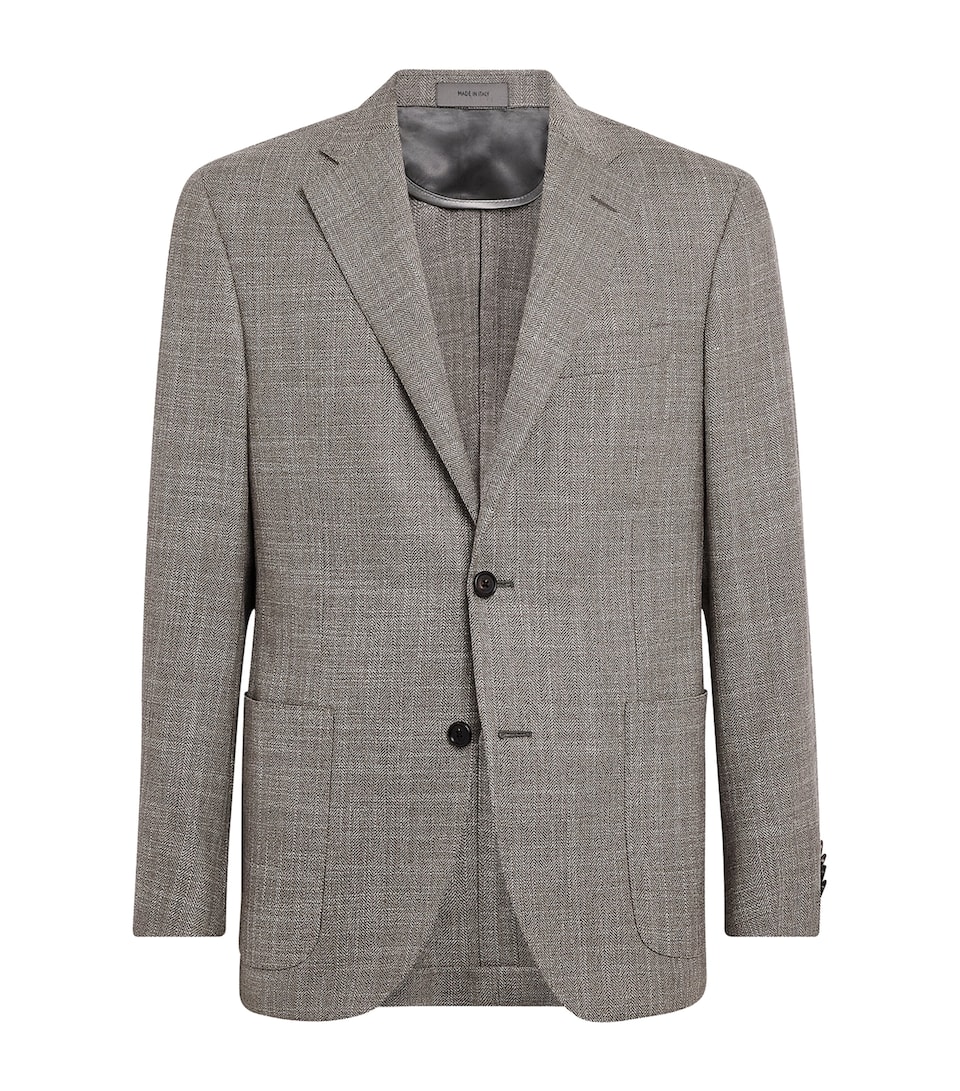 Corneliani Mens Virgin Wool-Silk Herringbone Blazer Gry Ml Drk Blkbd