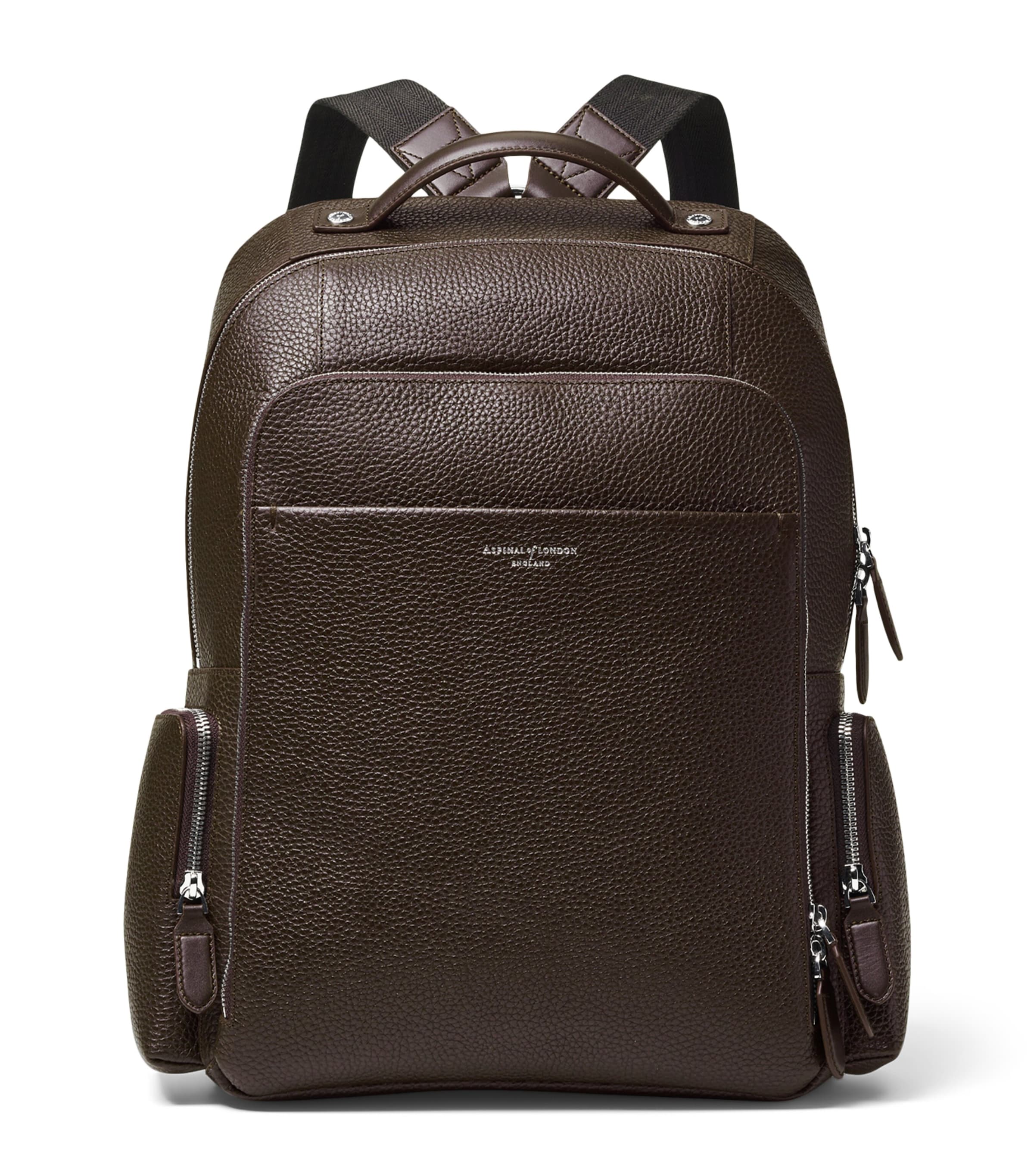 Aspinal Of London Pebbled Leather Reporter Zipped Backpack Chocolate