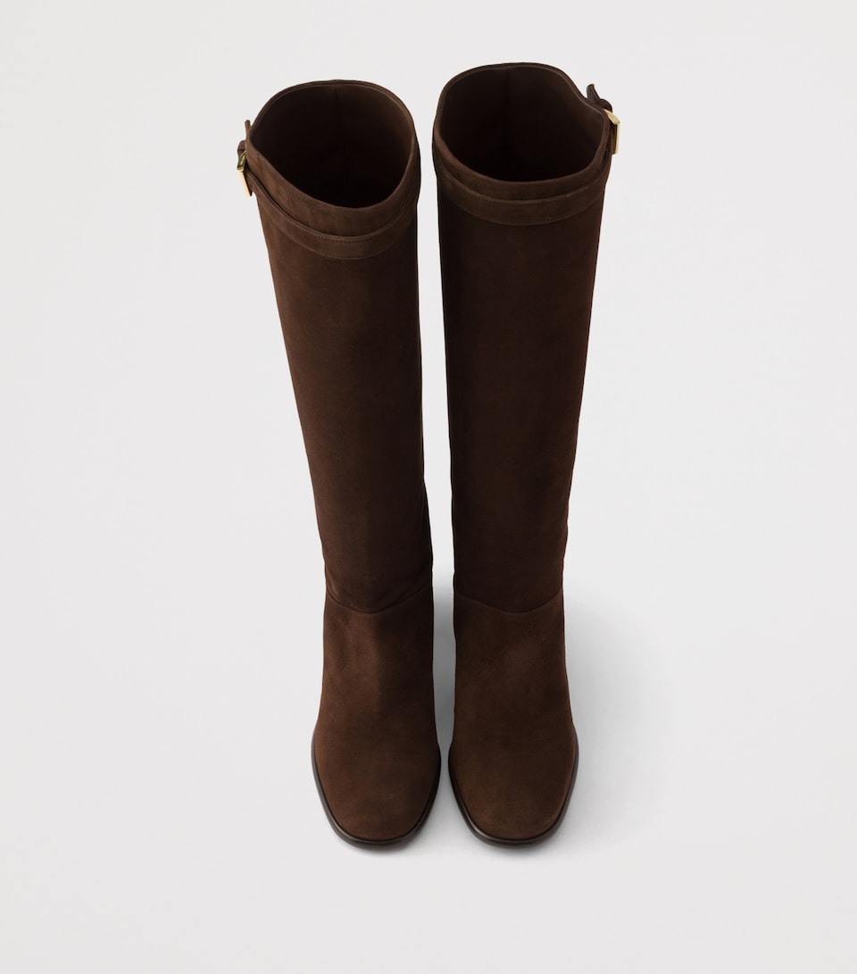 Prada Suede Knee-High Heeled Boots 65 Brown