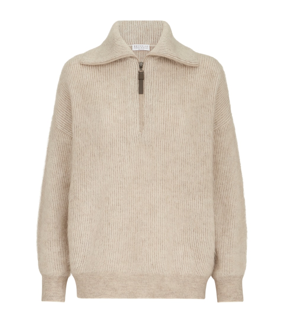 Brunello Cucinelli Womens Mohair-Blend Quarter-Zip Sweater Ivory