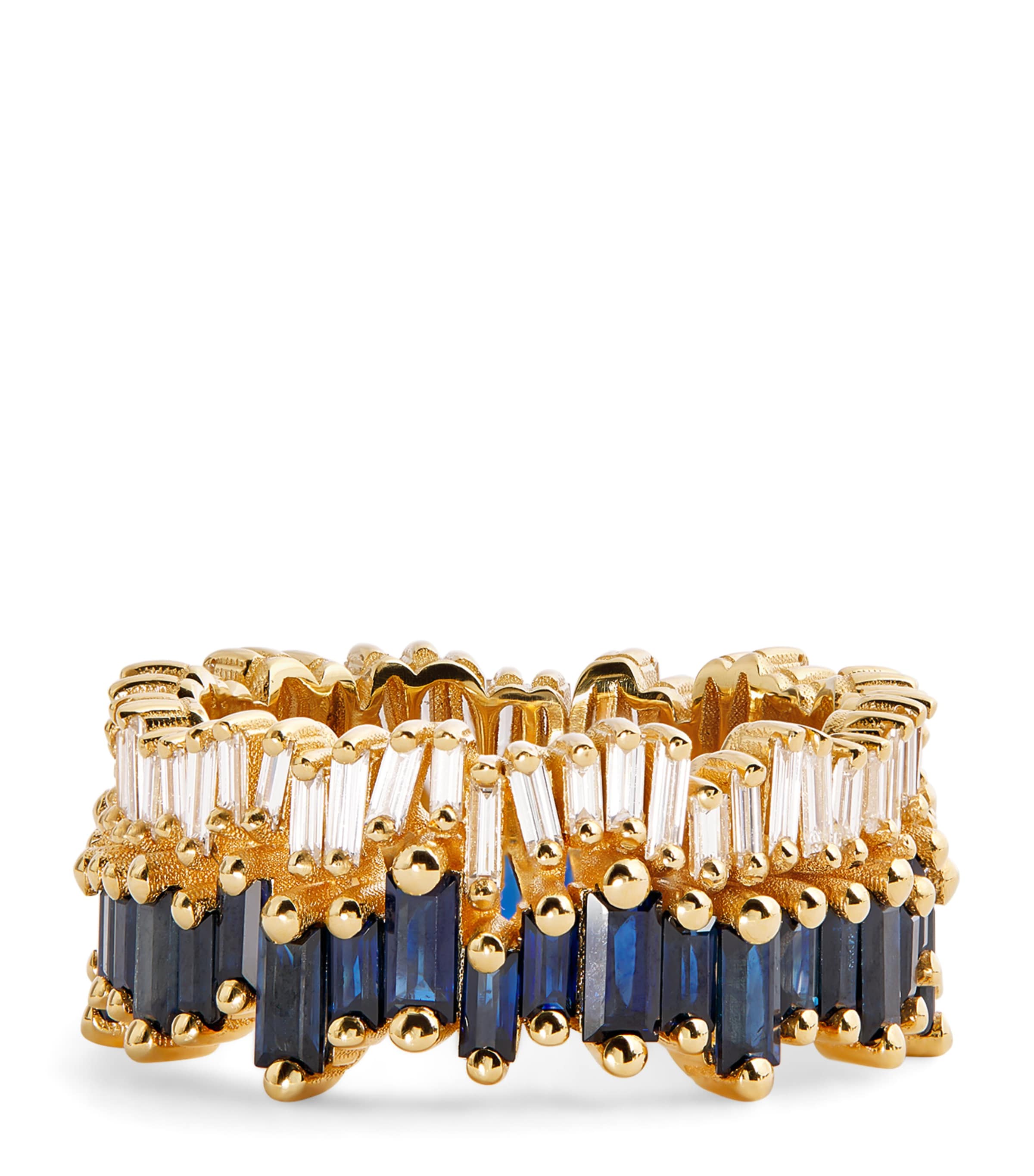 Yellow Gold, Diamond and Blue Sapphires Bold Eternity Ring (Size 7.25)