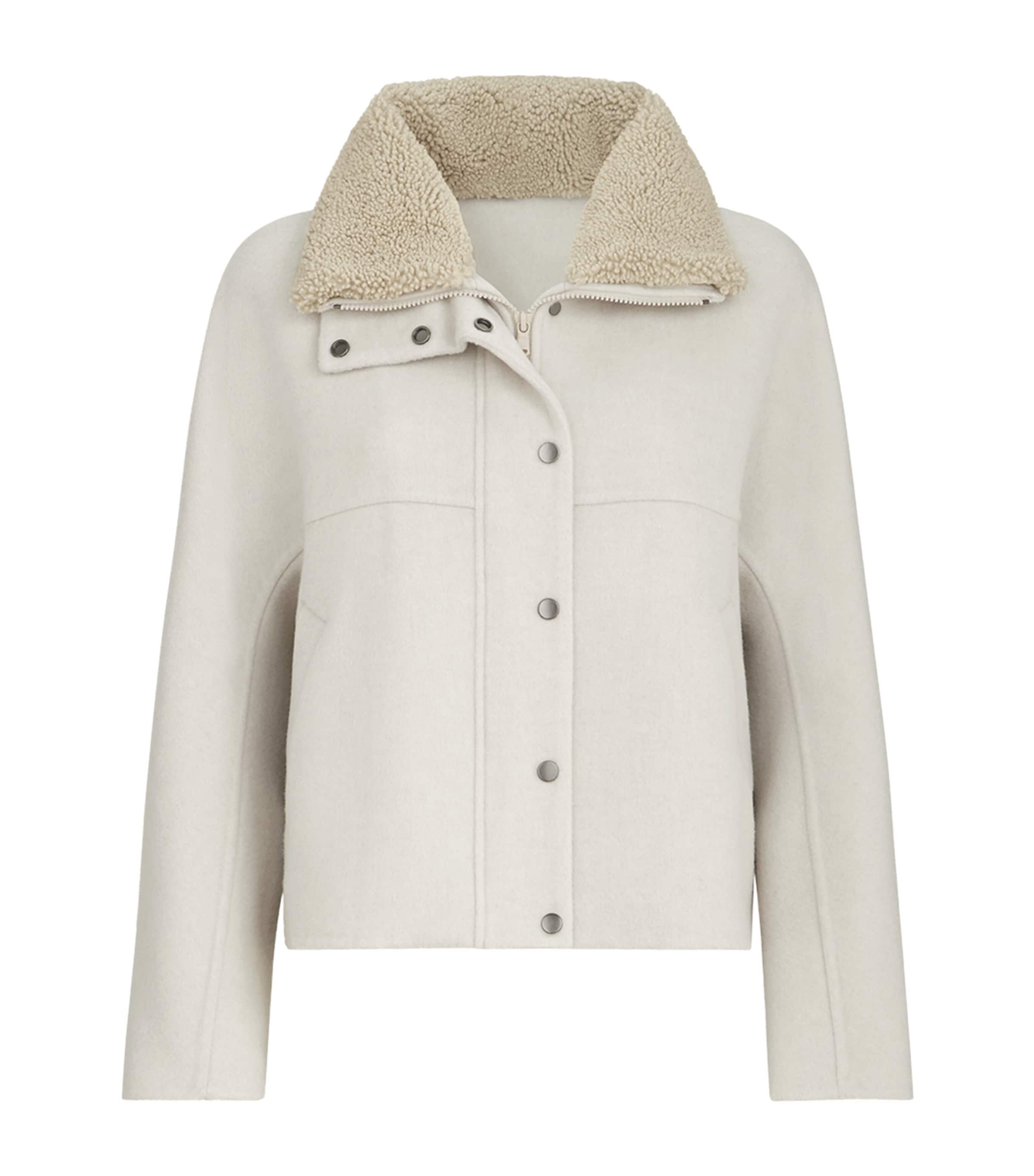Brunello Cucinelli Womens Wool-Cashmere Shearling-Trim Jacket Off White
