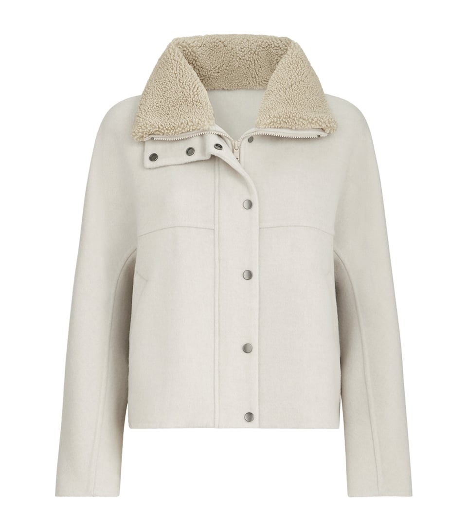 Brunello Cucinelli Womens Wool-Cashmere Shearling-Trim Jacket Off White