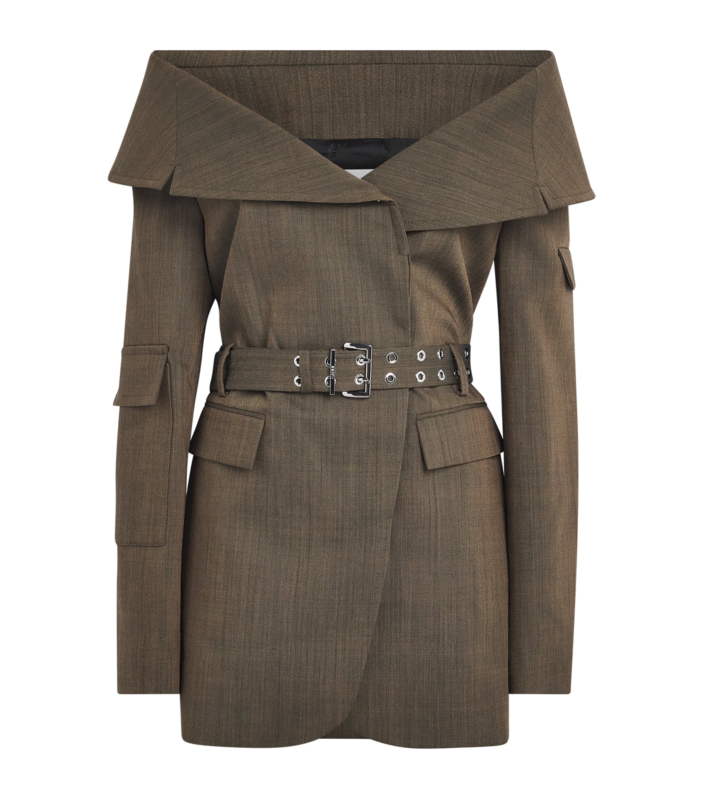 GANNI Womens Wool Off-The-Shoulder Blazer Zxz Canteen
