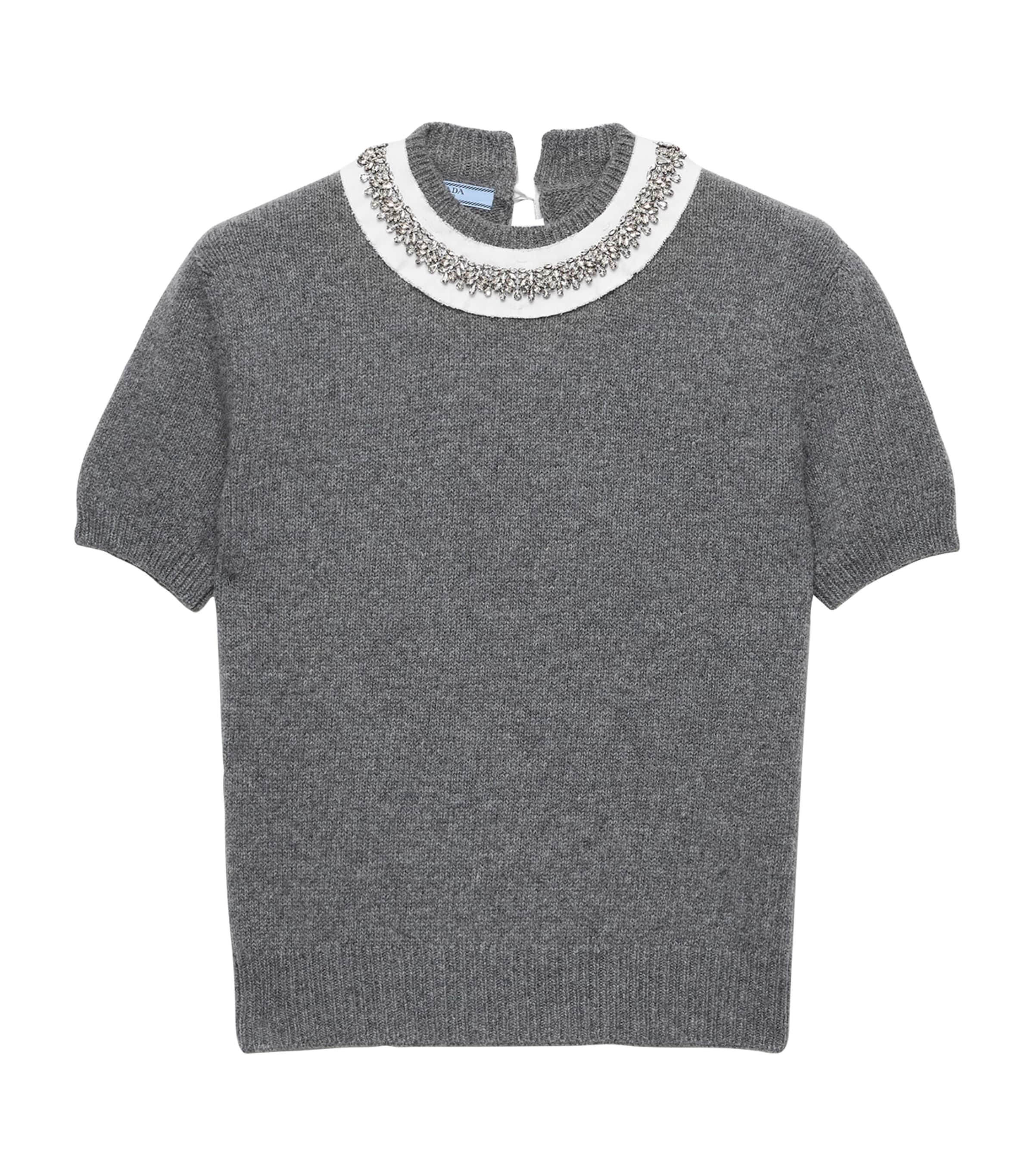 Prada Womens Cashmere Embellished Short-Sleeve Sweater Grey