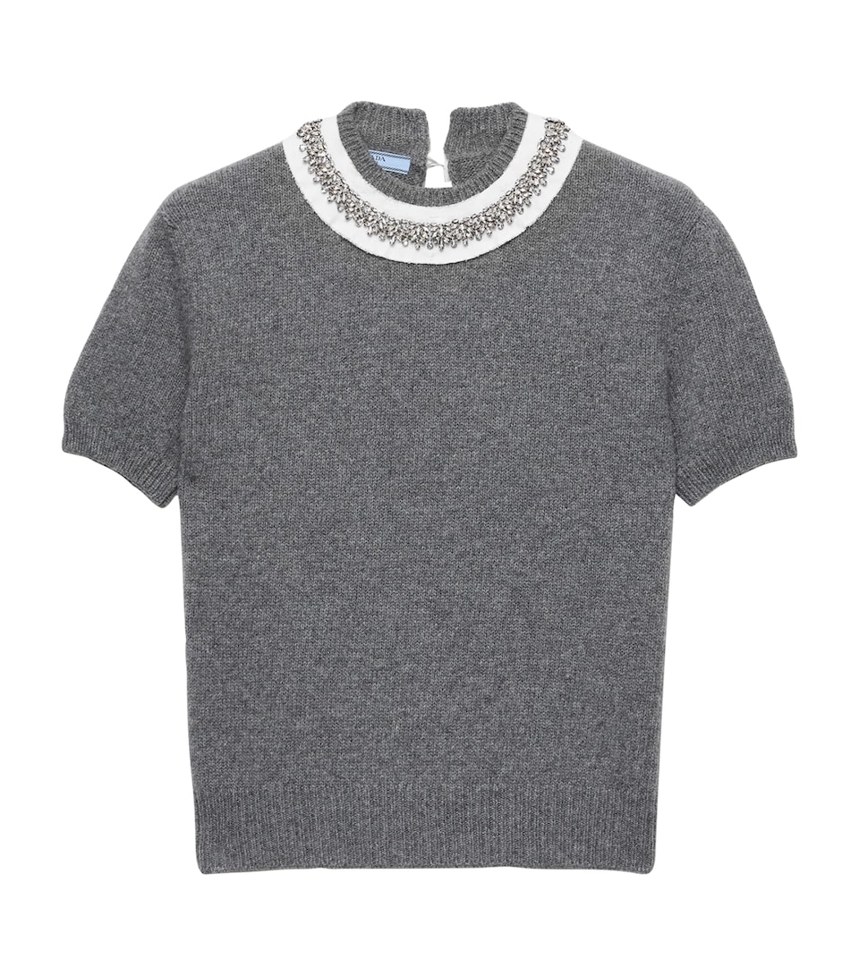Prada Womens Cashmere Embellished Short-Sleeve Sweater Grey