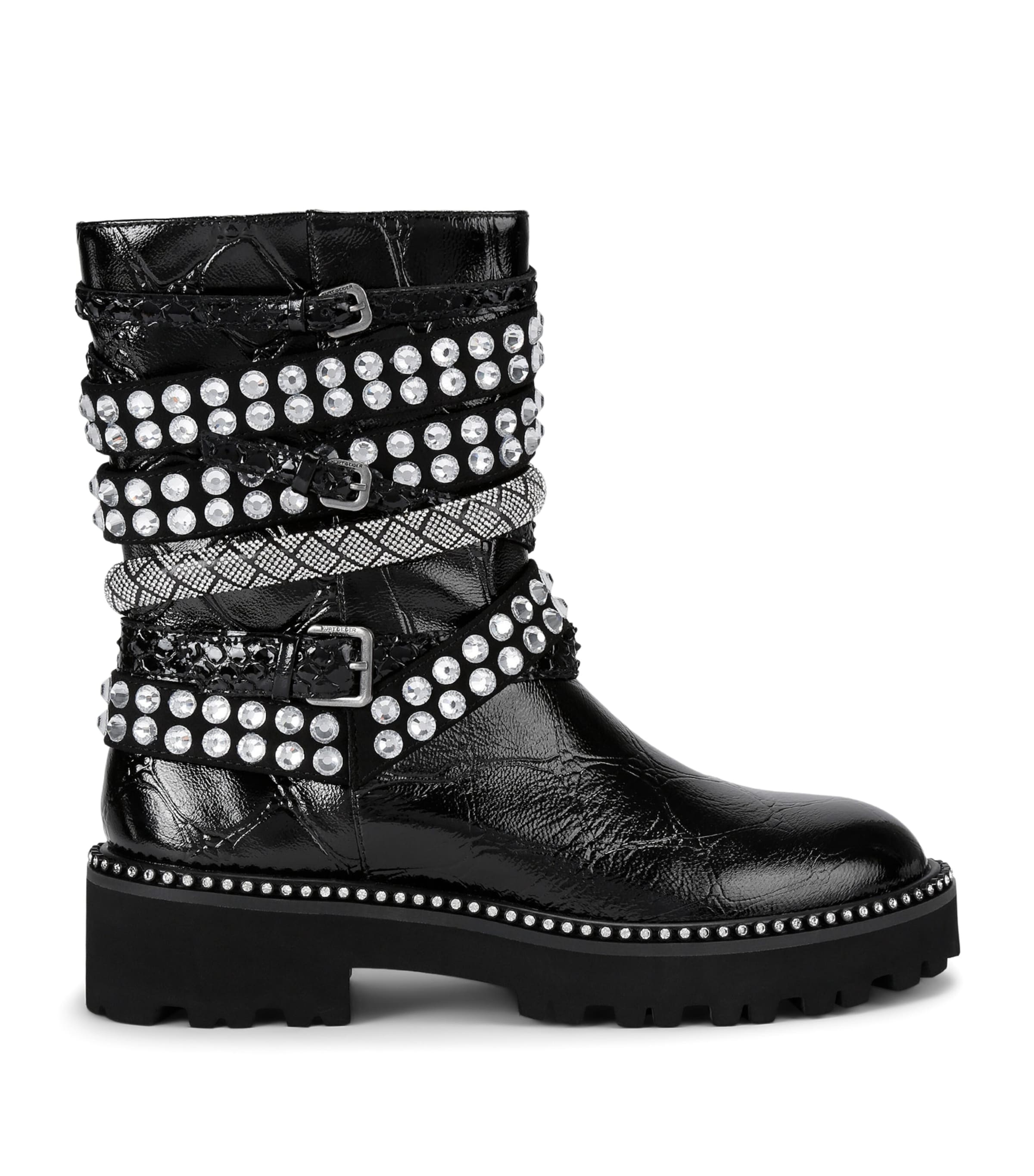 Leather Crystal-Strap Ankle Boots