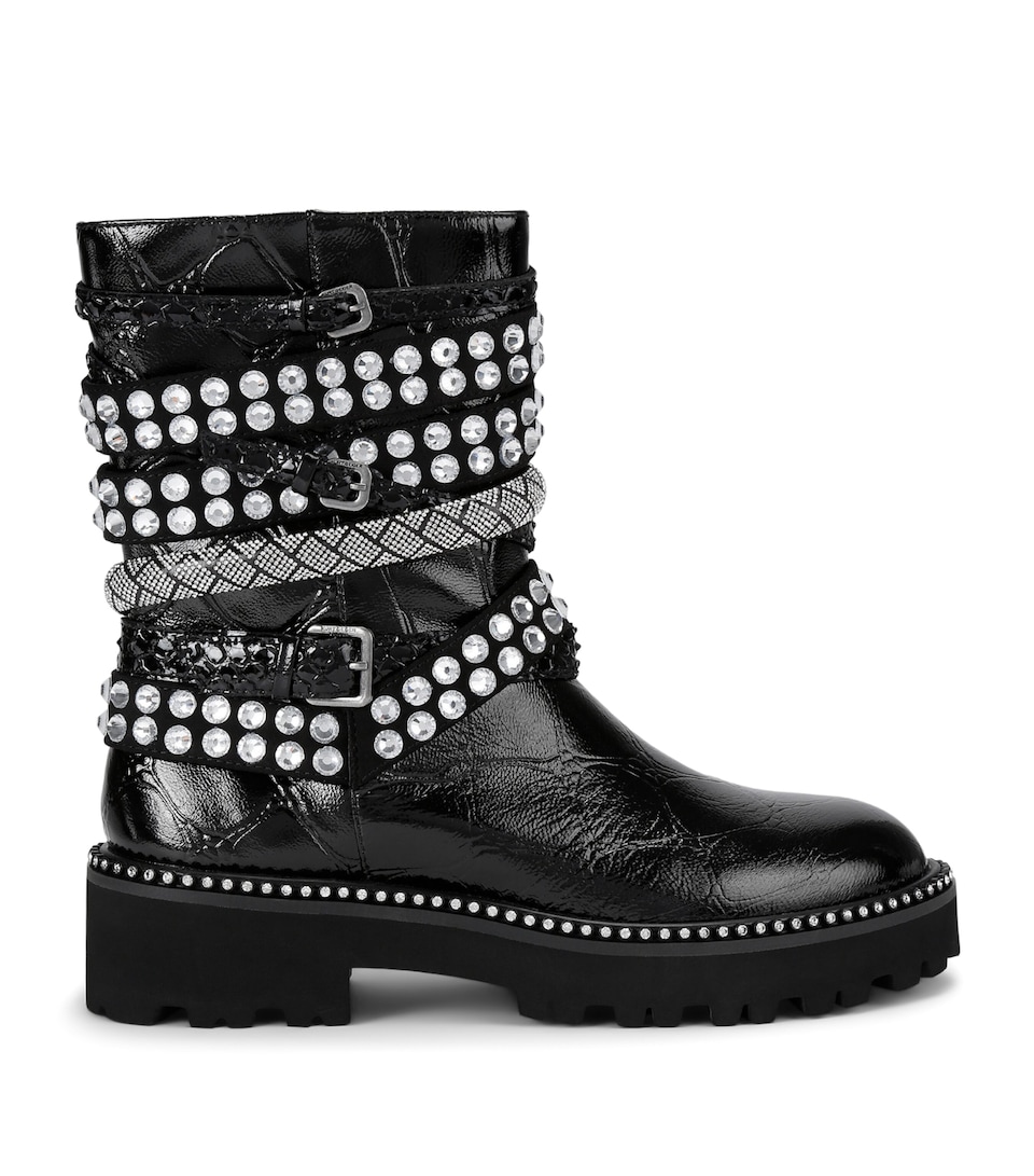 Leather Crystal-Strap Ankle Boots