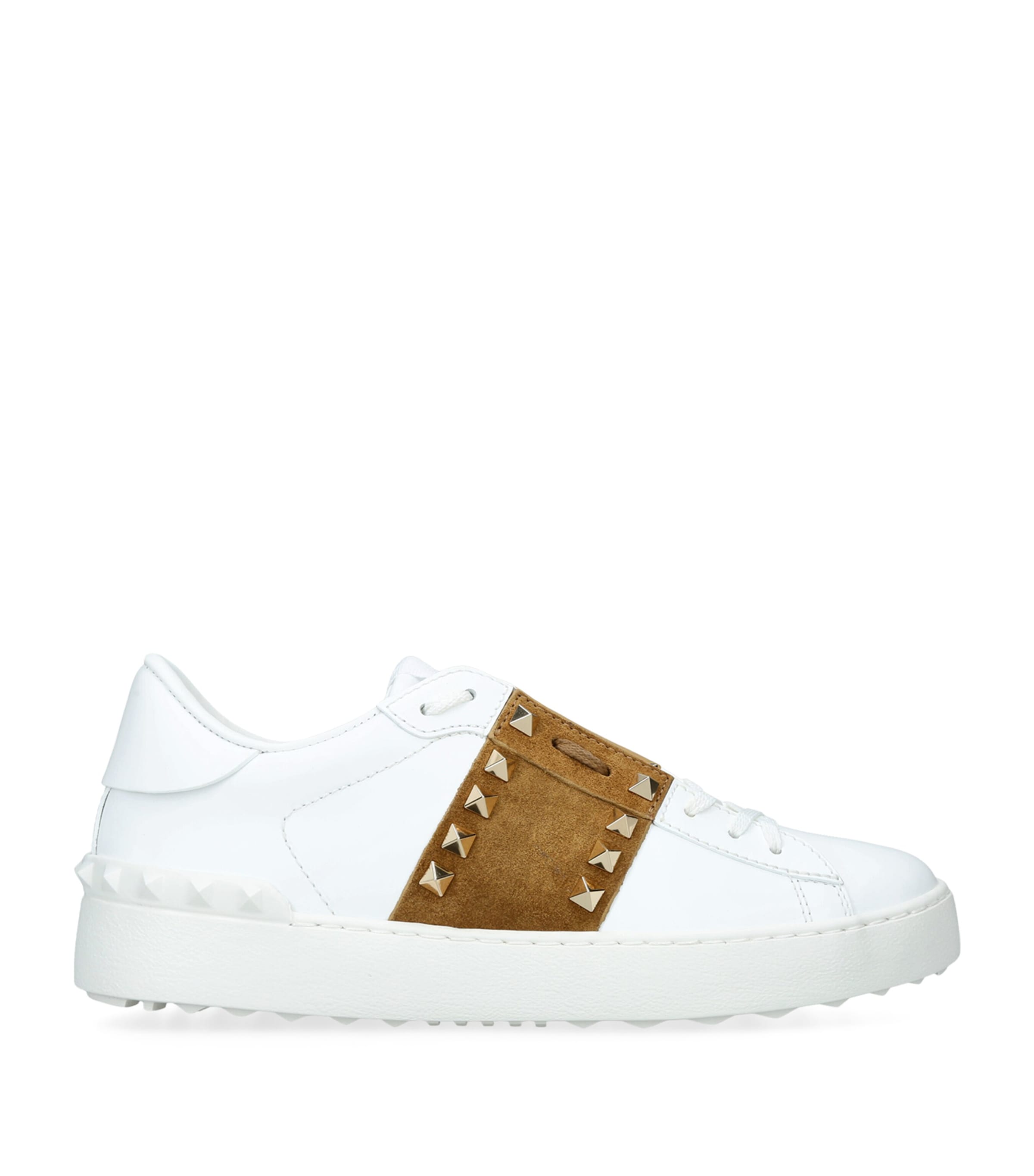 Valentino Garavani Leather Open Rockstud Sneakers Tan Comb