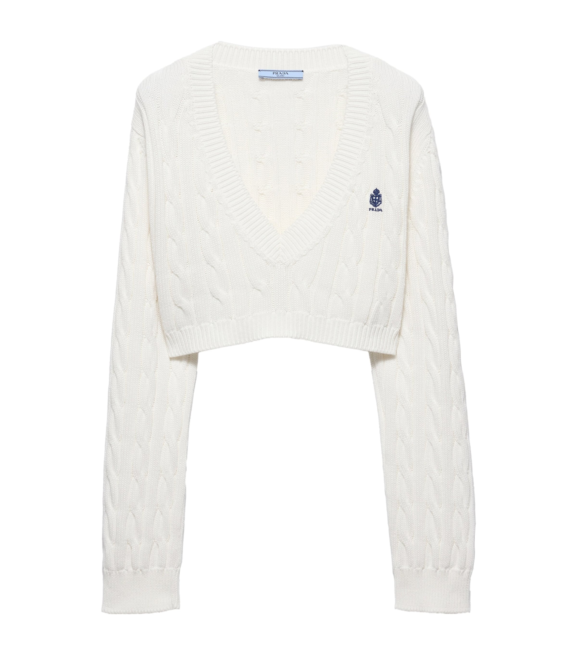 Prada Womens Cotton Cable-Knit Logo Sweater White